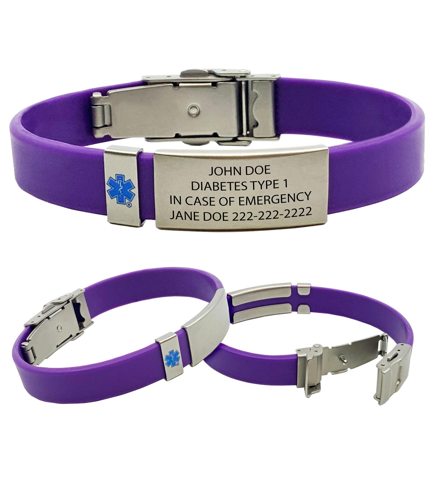 Customizable Emergency Medical Alert Bracelet - Star of Life Badge & Wallet Card - Purple - Buy Online on GoSupps.com