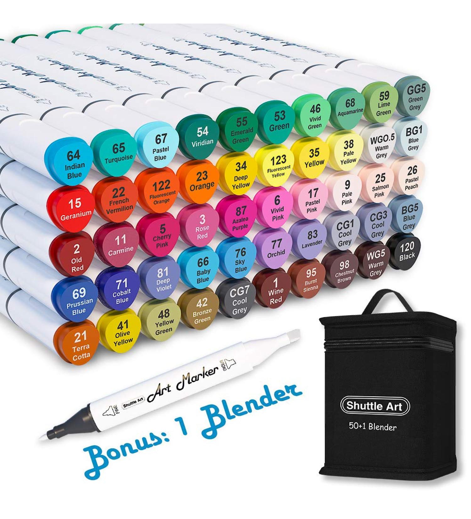 Shuttle Art 51 Colors Dual Tip Alcohol Based Art Markers with Case - Perfect for Illustration and Adult Coloring - Buy Online on GoSupps.com