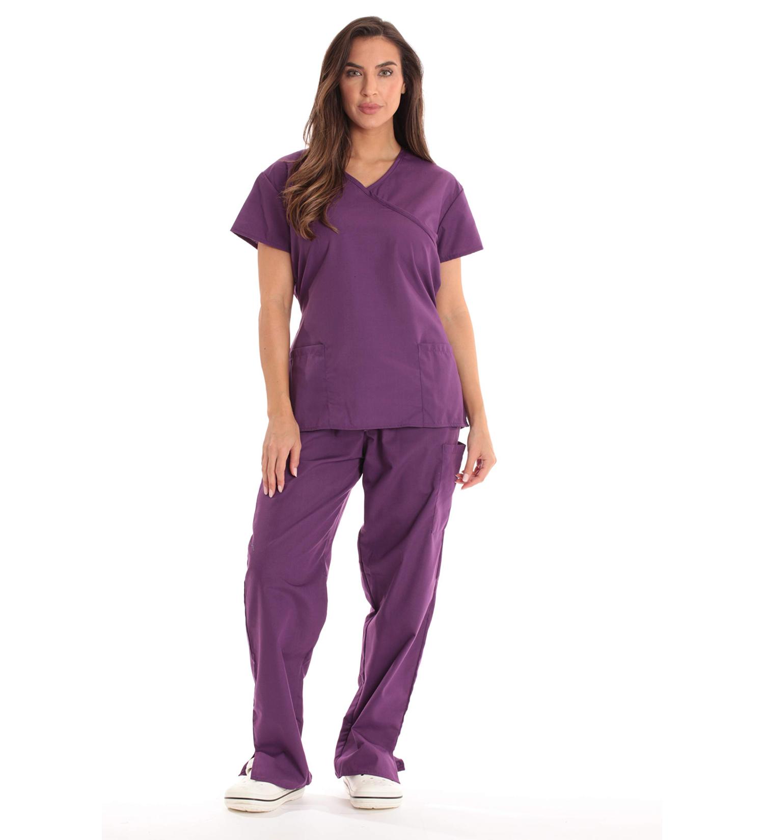 Just Love Women's Scrub Sets Medical Scrubs (Mock Wrap) Medium Eggplant With Eggplant Trim