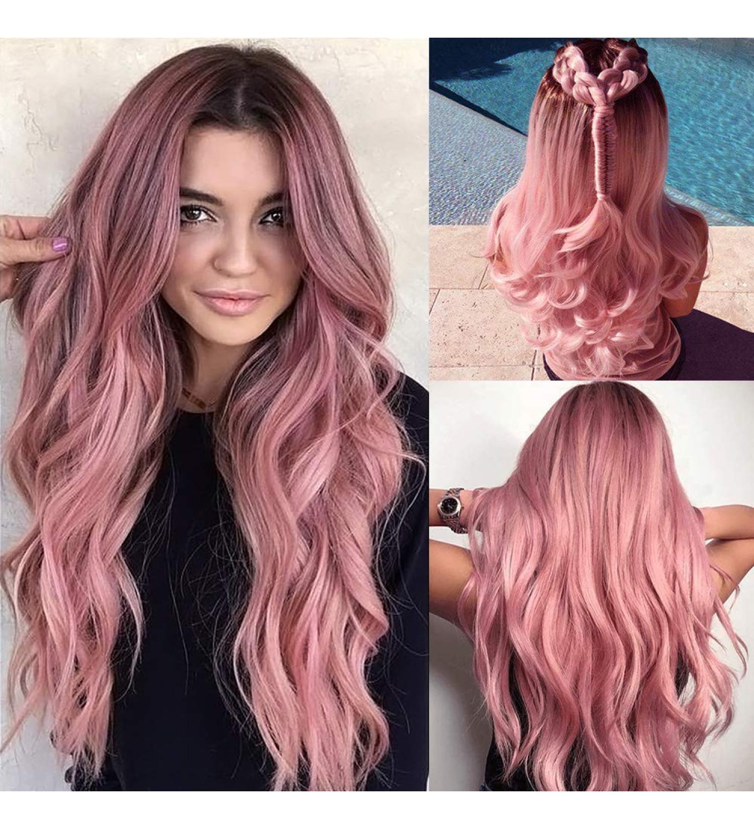 Colorful Panda Long Pink Ombre Wig for Women - 26 Inches Heat Resistant Synthetic Loose Wavy Hair with Dark Roots - Buy Online on GoSupps.com
