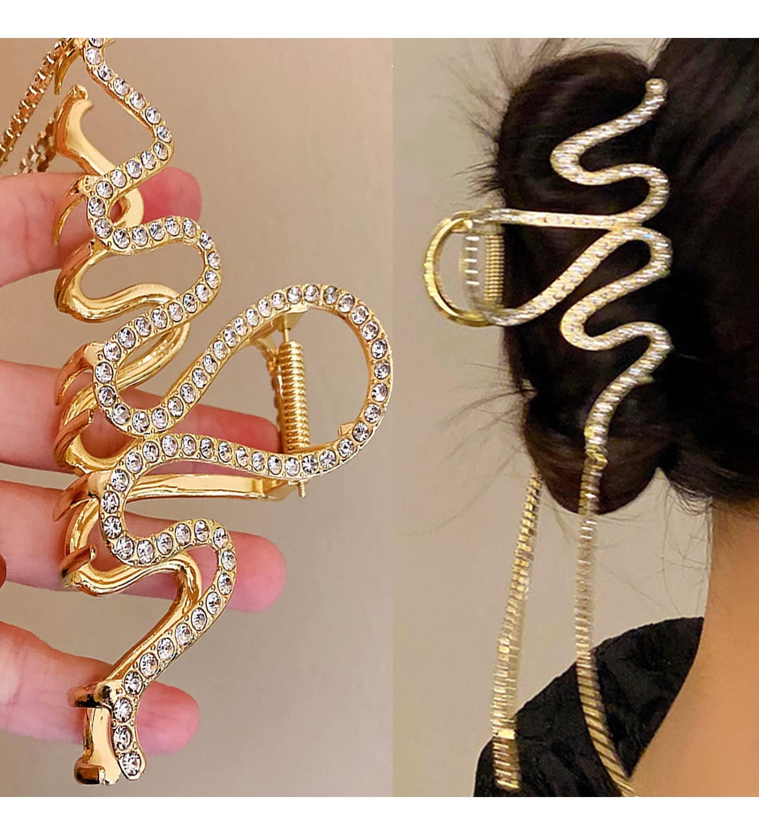 Bedazzled Sparkle Claw Clip with Dangling Chain - Fancy Gold Hair Clip for Women - Buy Online on GoSupps.com
