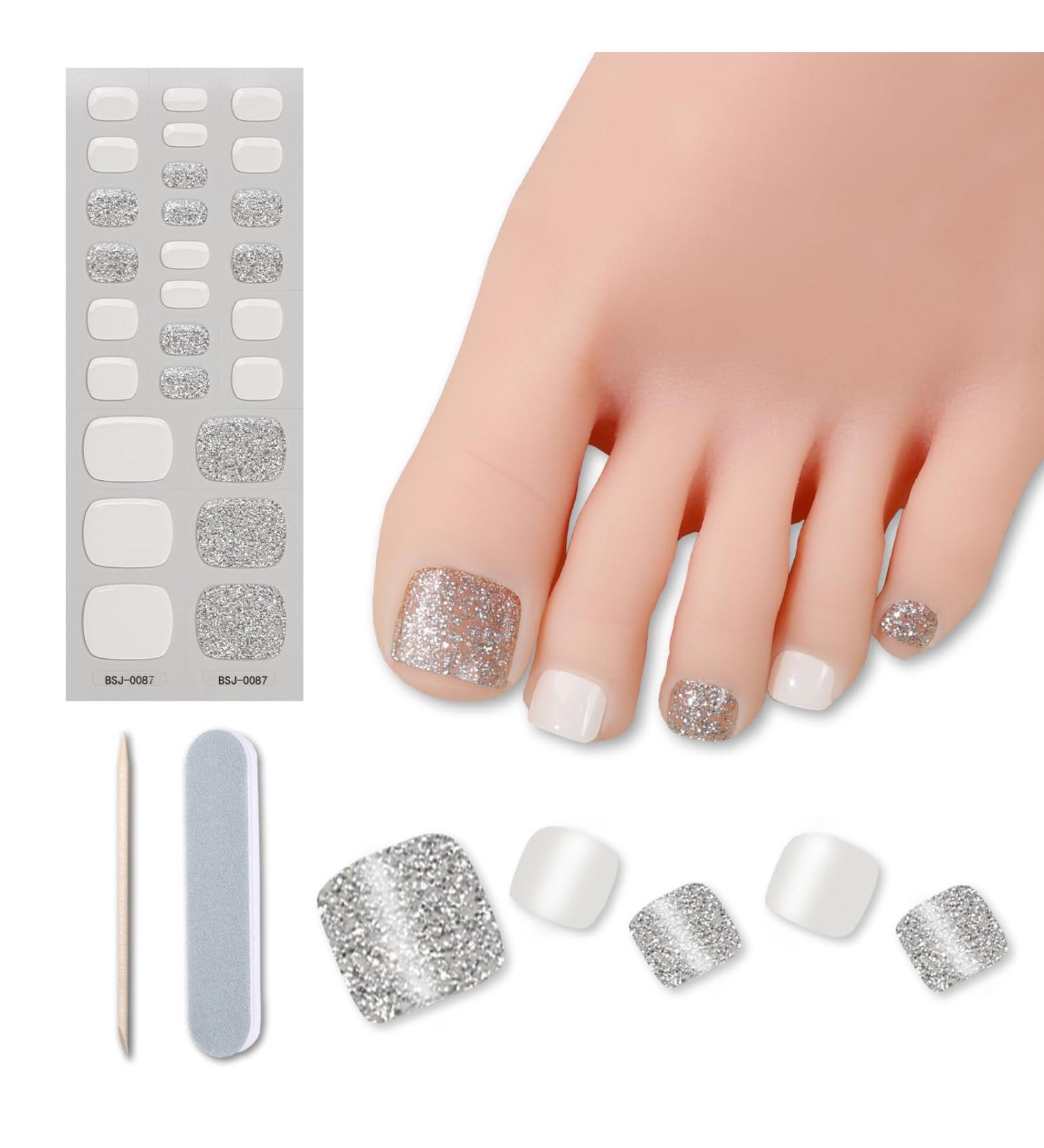 Semi Cured Gel Nail Strips Toenail Wraps Soft Self-Adhesive Gel Pedicure Stickers Salon-Quality Long Lasting Easy to Apply & Remove (Glitter & White) - Buy Online on GoSupps.com