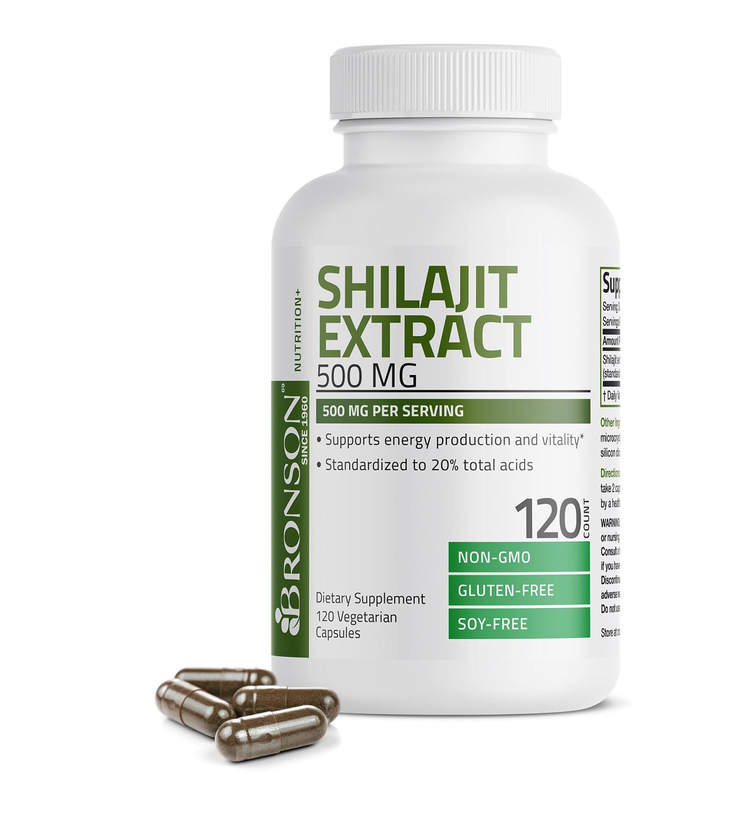 Bronson Shilajit Extract 500mg - Energy & Vitality Support - 20% Total Acids - Non-GMO - 120 Vegetarian Capsules - Buy Online on GoSupps.com