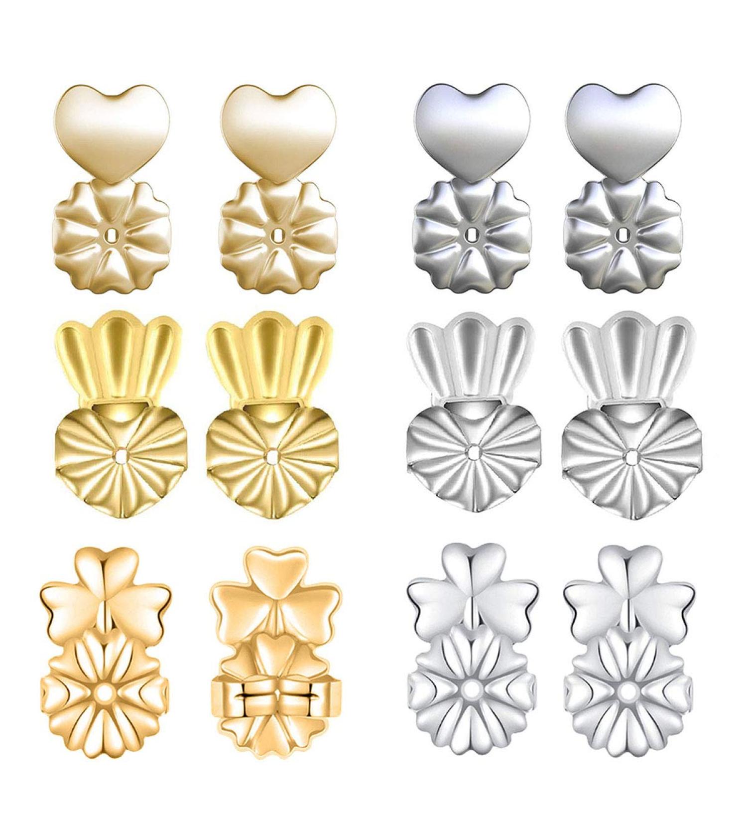 6 Pairs Adjustable Earring Lifters | Hypoallergenic Secure Backs | 18K Gold Plated & Sterling Silver | Heart, Crown, Clover Styles - Buy Online on GoSupps.com