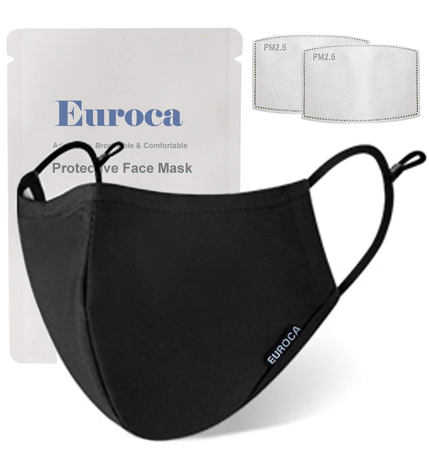 Euroca Face Masks 3 Layer Reusable Washable Adjustable Made from Cotton Fabric for Adults - 2 Filters Included Black - Buy Online on GoSupps.com