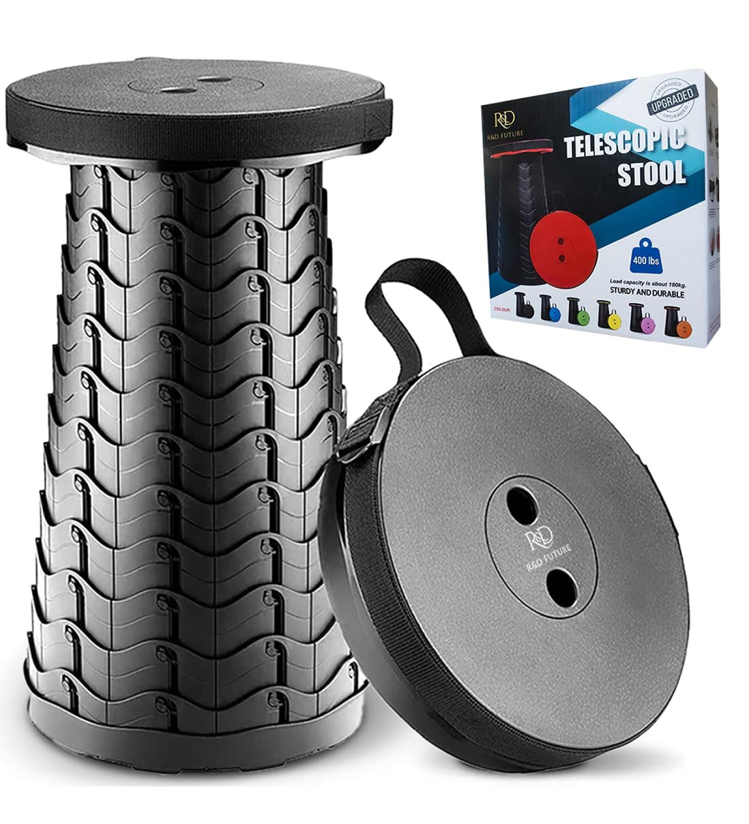 R&D FUTURE 2023 Upgraded Telescopic Stool - Lightweight, 400lbs Load Capacity, Collapsible/Portable Seat for Indoor/Outdoor Use - Retractable Folding Stool for Adults (Black) - Buy Online on GoSupps.com