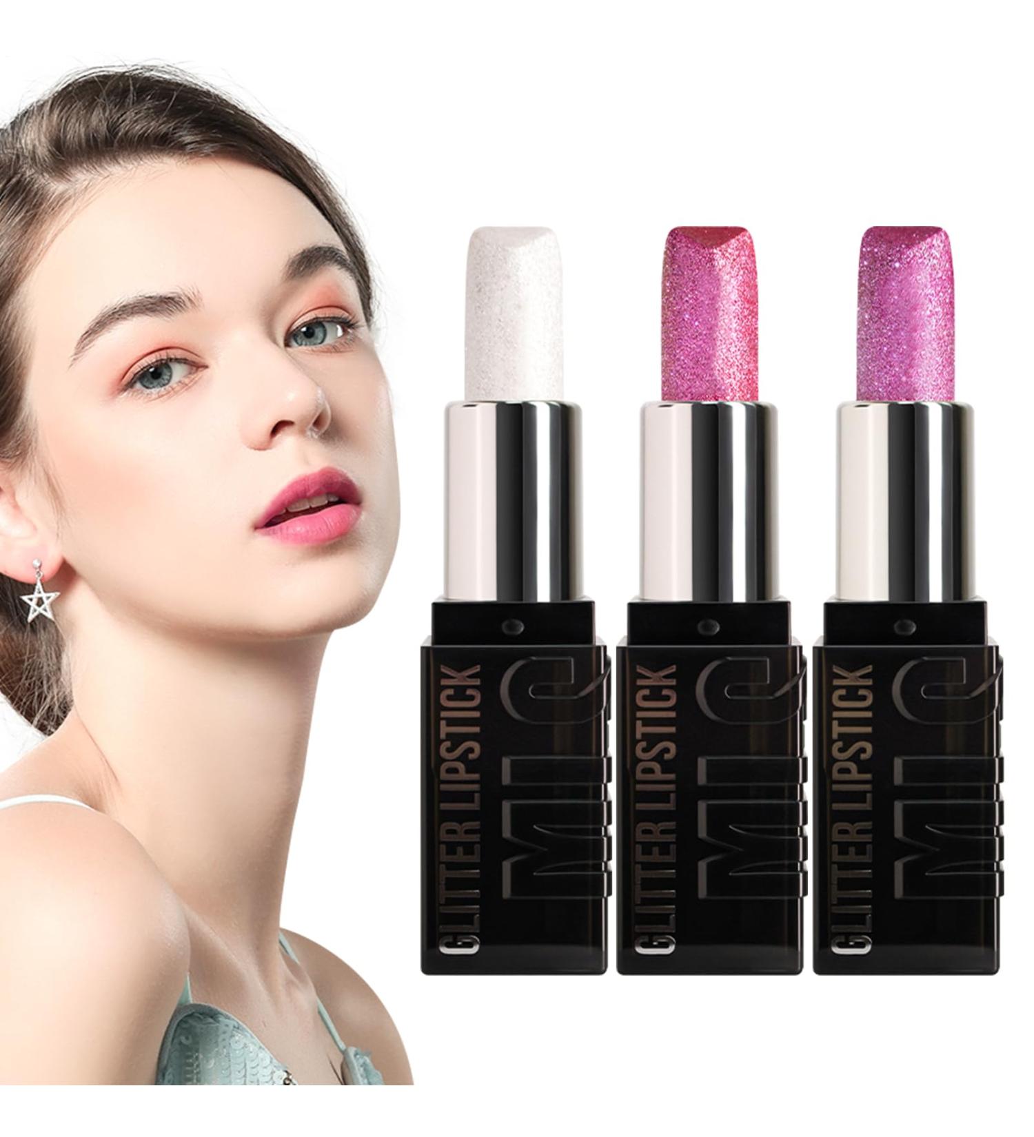 Glitter Lip Gloss - 3 Lipsticks with Luminous Finishes Glossy Red - For Office Home Evening and Travel - Buy Online on GoSupps.com