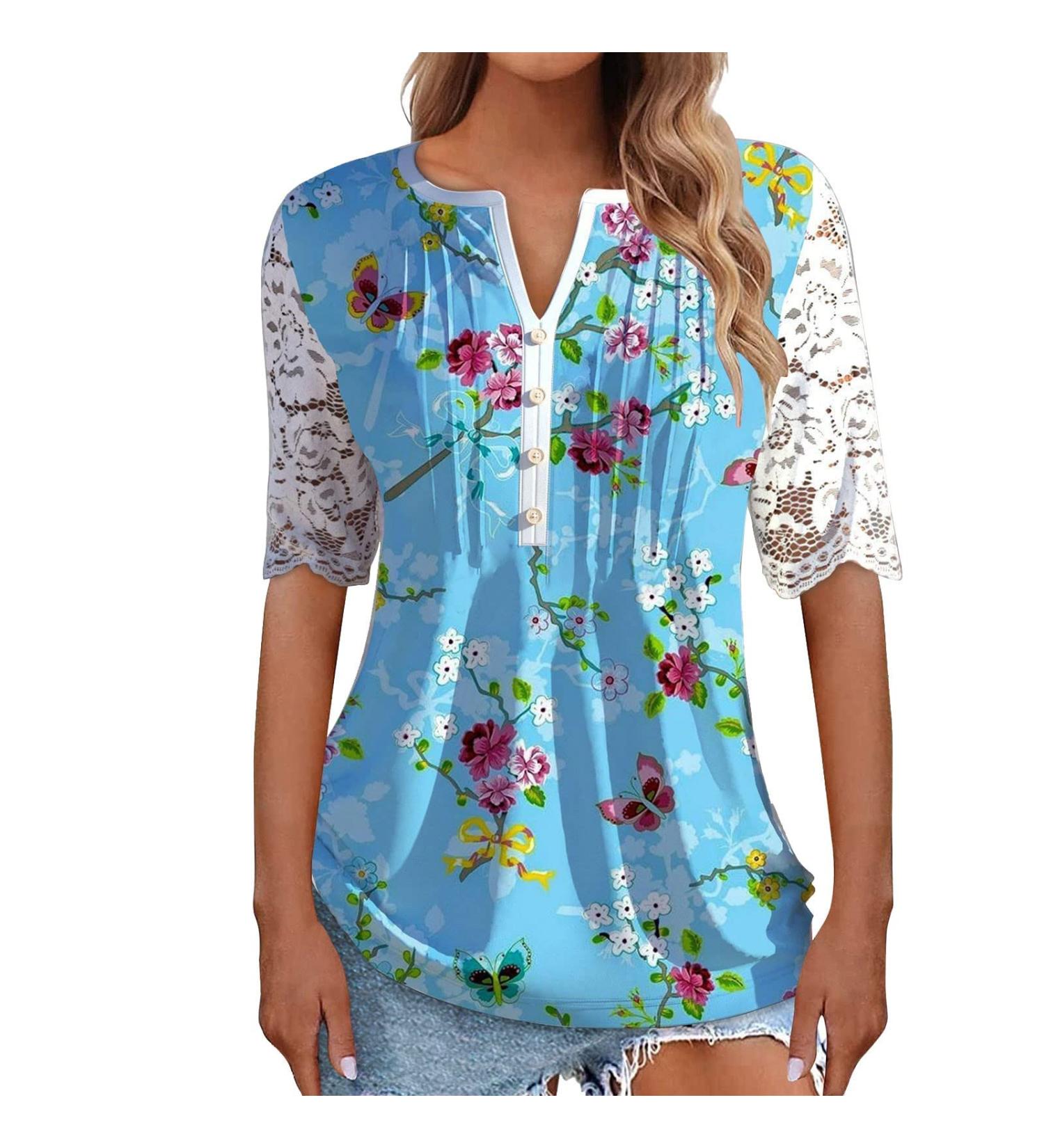 Women's Comfortable Lace Middle Long Sleeve Button Up V-Neck Hide Belly Tops Loose Bohemian Tunic Sexy Shirt Women's T-Shirt With Print Sports Shirt Women's Wide L Blue - Buy Online on GoSupps.com