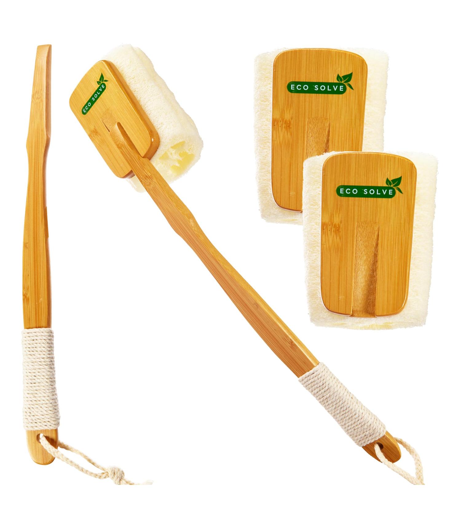 Natural Loofah Shower Scrubber with Bamboo Handle | Eco-Friendly Gentle Exfoliation Long Handle & Extra Loofah - Plastic-Free - Buy Online on GoSupps.com