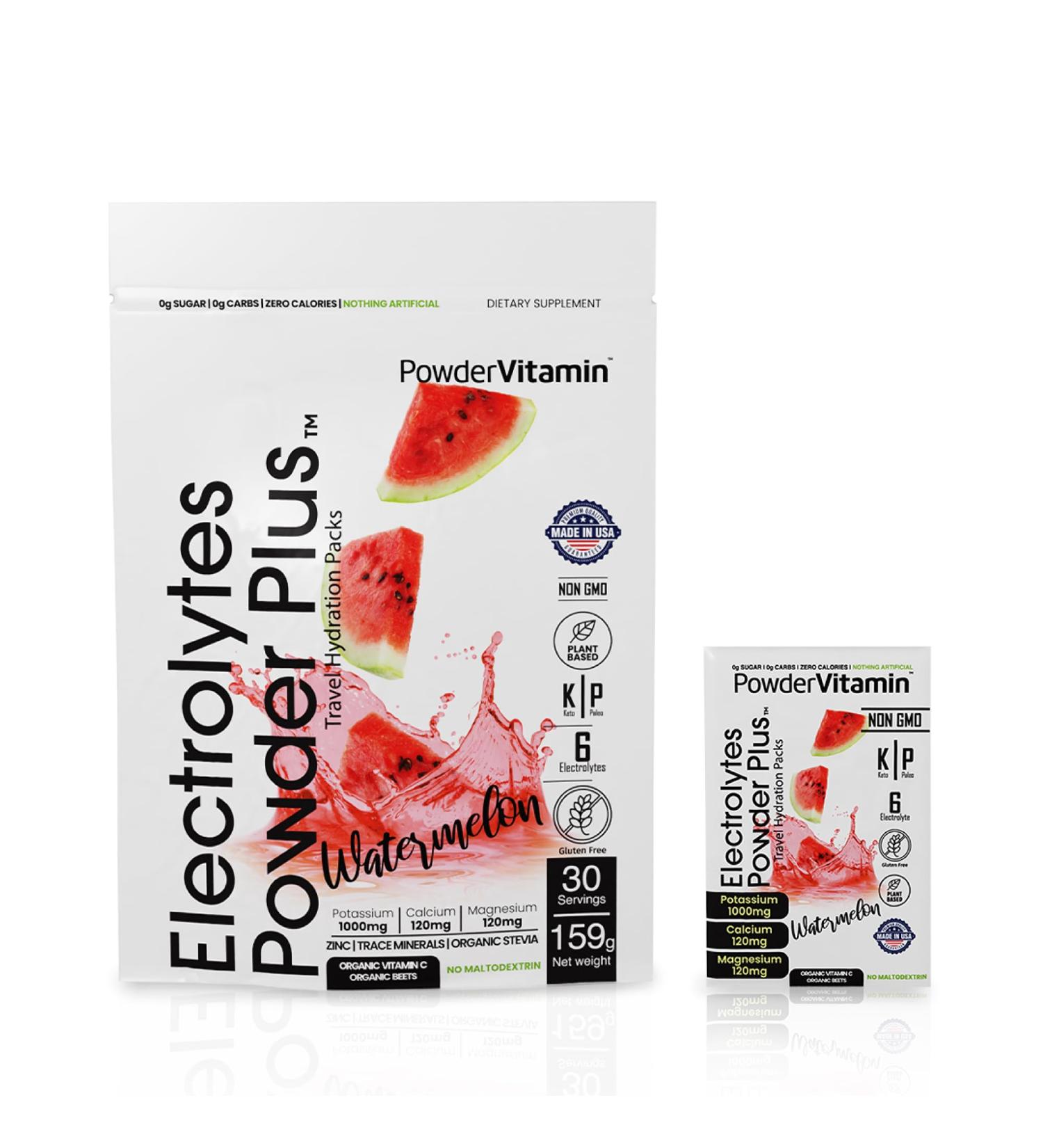 PowderVitamin Electrolytes Powder Plus, Keto, Watermelon, Sugar Free, 1000mg Potassium, 120mg Calcium, 120mg Magnesium, Non-GMO, Zero Calories, 30 Hydration Packets Watermelon 0.07 Ounce (Pack of 100) - Buy Online on GoSupps.com