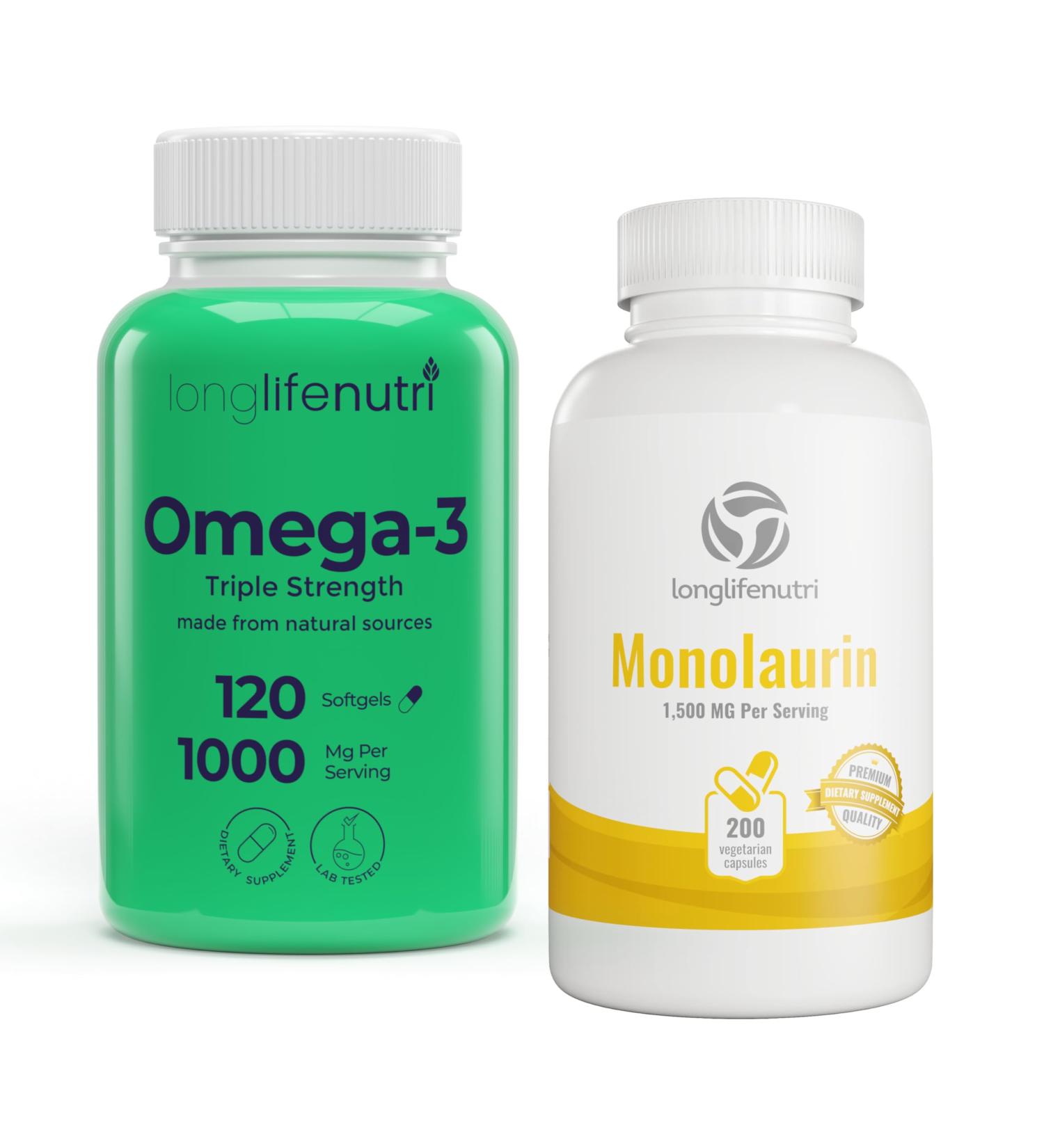 Omega 3 Fish Oil 1000mg & Monolaurin 1500mg Bundle High EPA & DHA Immune & Digestive Support 120 Softgels + 200 Veg Capsules 4-Month Supply Non-GMO GMP Certified Made in USA - Buy Online on GoSupps.com