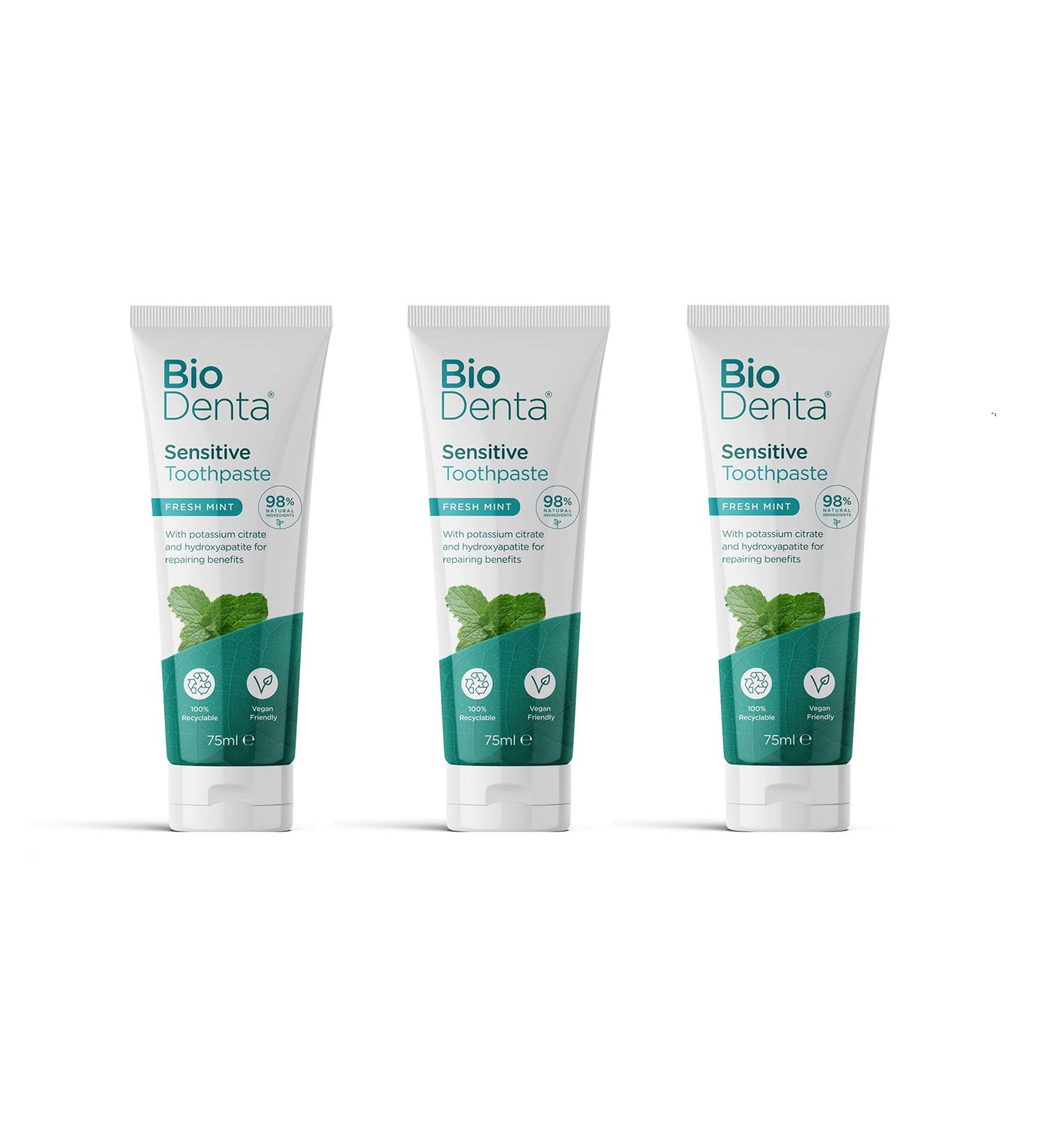 BioDenta Whitening Toothpaste Sensitive + Mint 75 ml - Pack of 3 - 98% Natural Vegan Vegetarian and Halal - Free of SLS PEG and Parabens - Pack of 3 - Buy Online on GoSupps.com