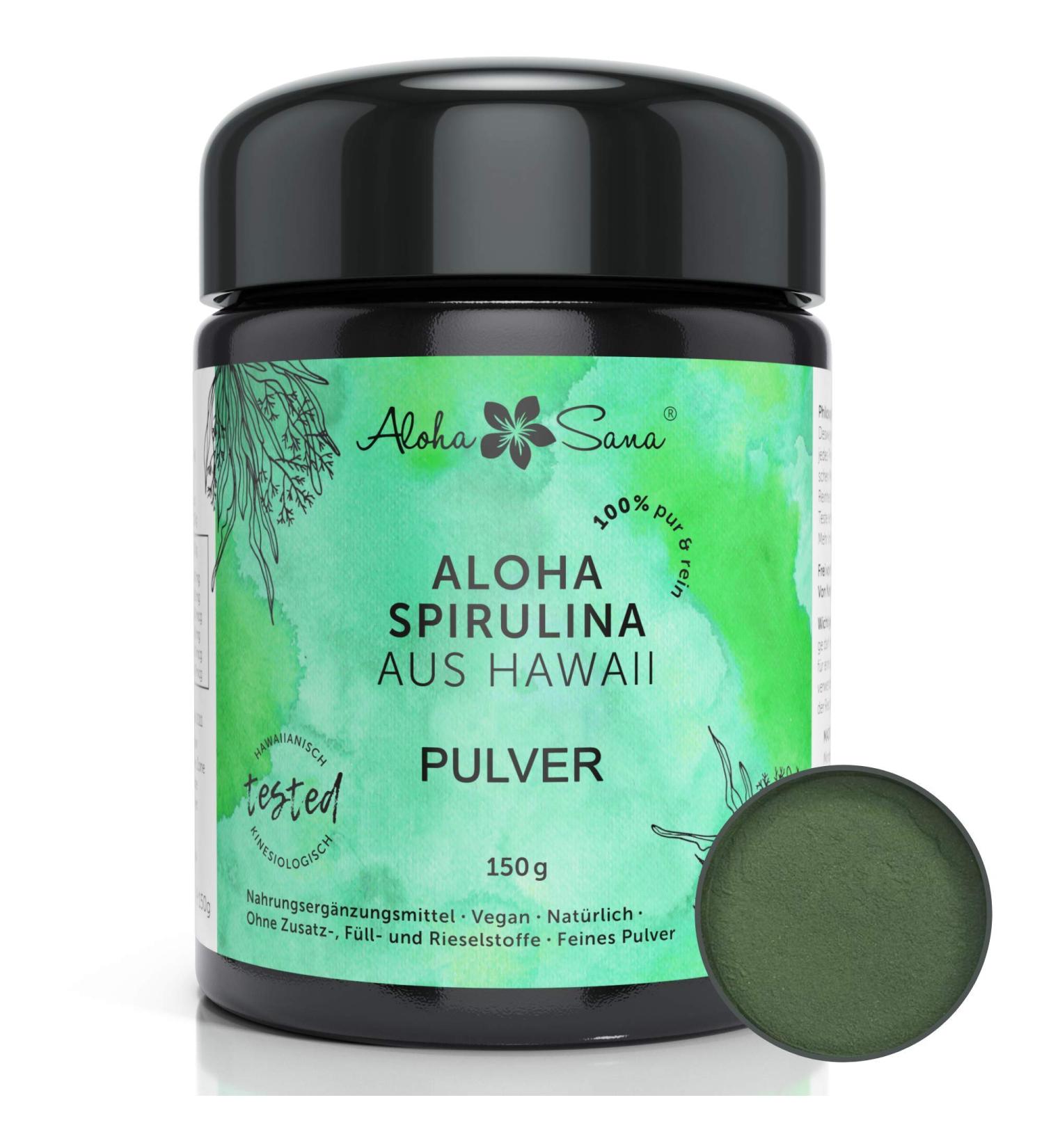 Aloha Sana Hawaii Spirulina Pacifica Powder - 150g UV Glass Lab Tested Made in Germany - Superfood Algae for Optimal Health - Buy Online on GoSupps.com