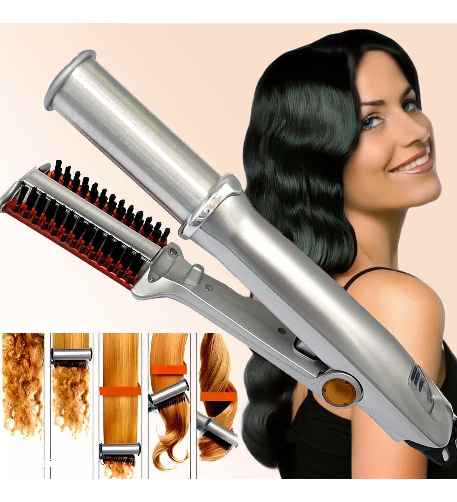 Portable Hair Straightener & Curling Iron for Short Hair - 3-Speed Temperature Adjustment Brush Straightener for Thick Hair - Silver - Buy Online on GoSupps.com