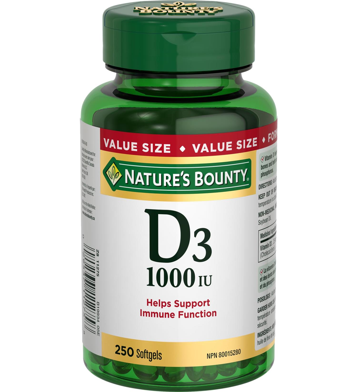 Nature's Bounty Vitamin D3 1000IU Supplement Helps Maintain Immune Function Bones and Teeth 250 Softgels - Buy Online on GoSupps.com