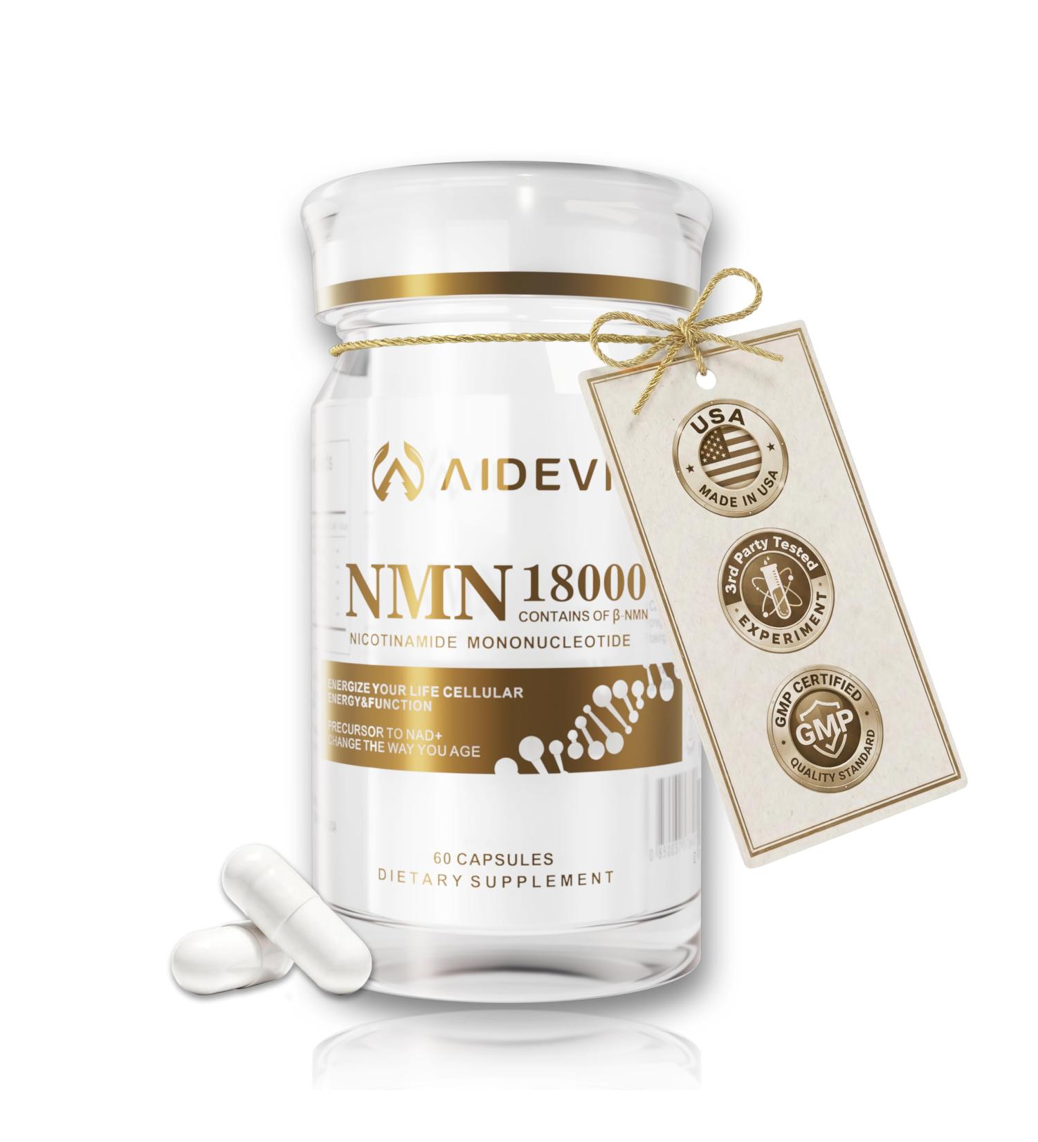 AIDEVI NMN 18000 480mg - 99% Pure Nicotinamide Mononucleotide Supplement with Resveratrol Nobel Laureate Developed Third-Party Tested Increased NAD+ Levels Healthy Aging 60-Day Supply 1pcs - Buy Online on GoSupps.com