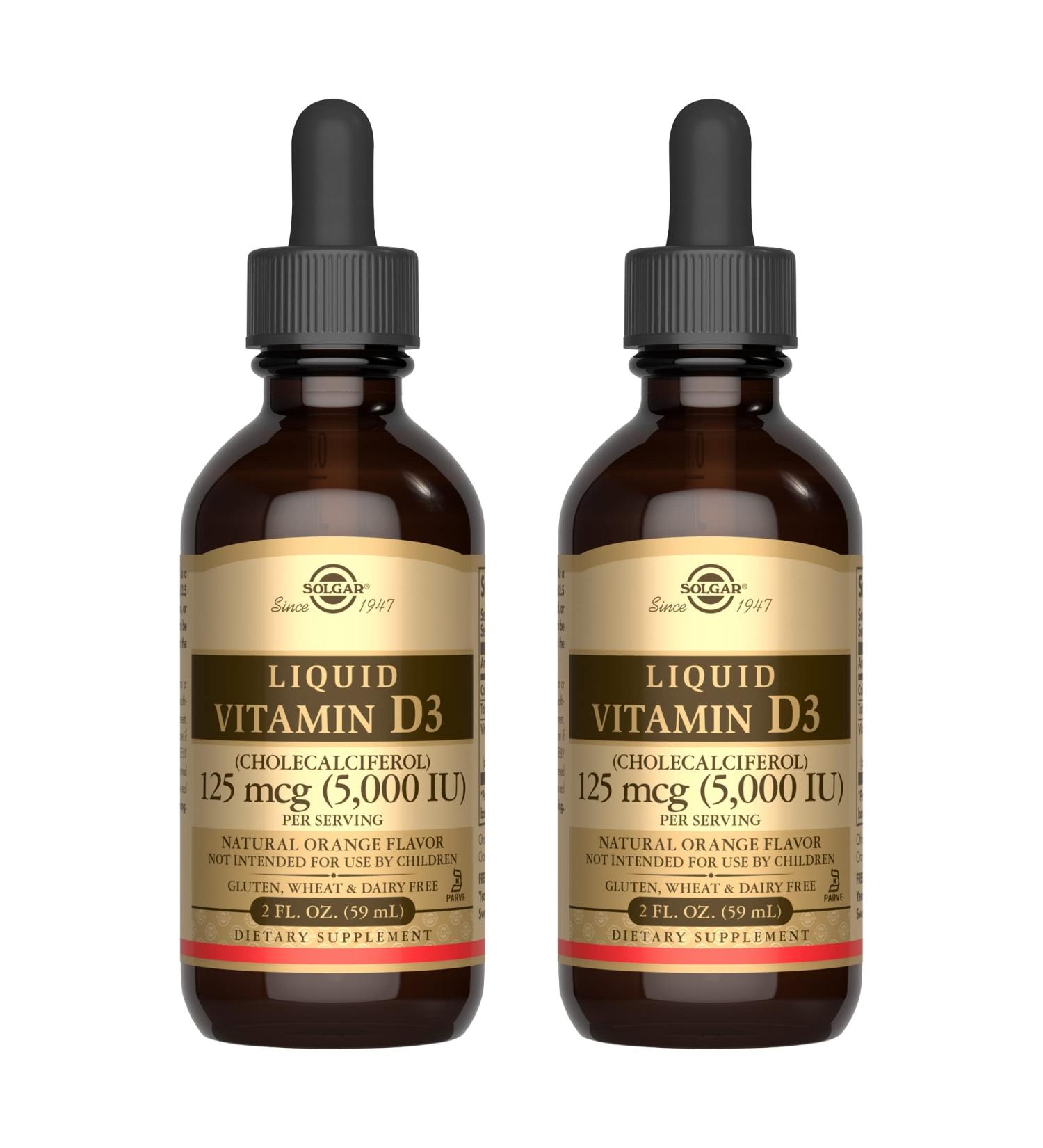 Solgar Liquid Vitamin D3 125 mcg (5,000 IU) 2 fl oz x2 Pack - Natural Orange Flavor - Bone & Teeth Health, Immune Support - 118 Servings - Buy Online on GoSupps.com
