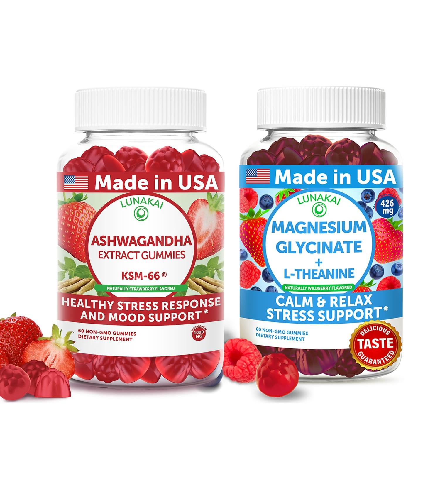 Lunakai USA Made Ashwagandha KSM-66 & Magnesium Glycinate Gummies Bundle Daily Mood & Stress Support 60 Non-GMO Gummies Each - Buy Online on GoSupps.com