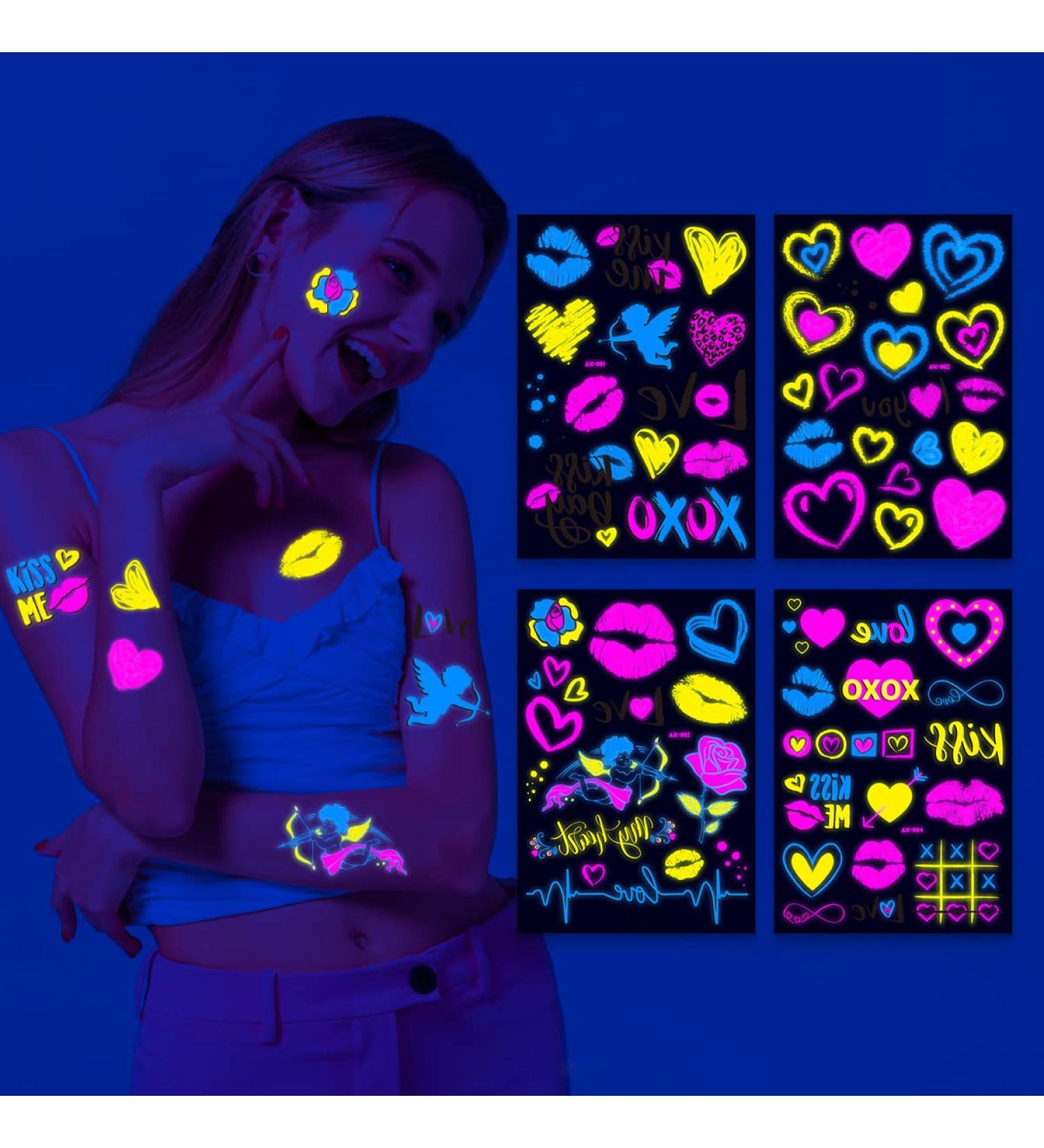 Glow in the Dark Heart Temporary Tattoos for Women - Neon Stickers for Bride, Wedding, Valentine - 4 Sheets - Buy Online on GoSupps.com