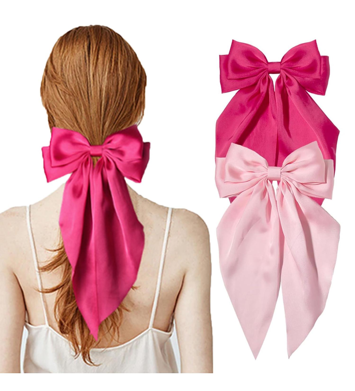 2Pcs Big Hair bow Hair Bows for Women Bow Hair Clip Elegant Solid Color French Barrette Bows For Hair With Long Silky Satin Hair Barrettes Accessories Bow Hair Clips for Women Girls(Pink+ Hot-pink) - Buy Online on GoSupps.com