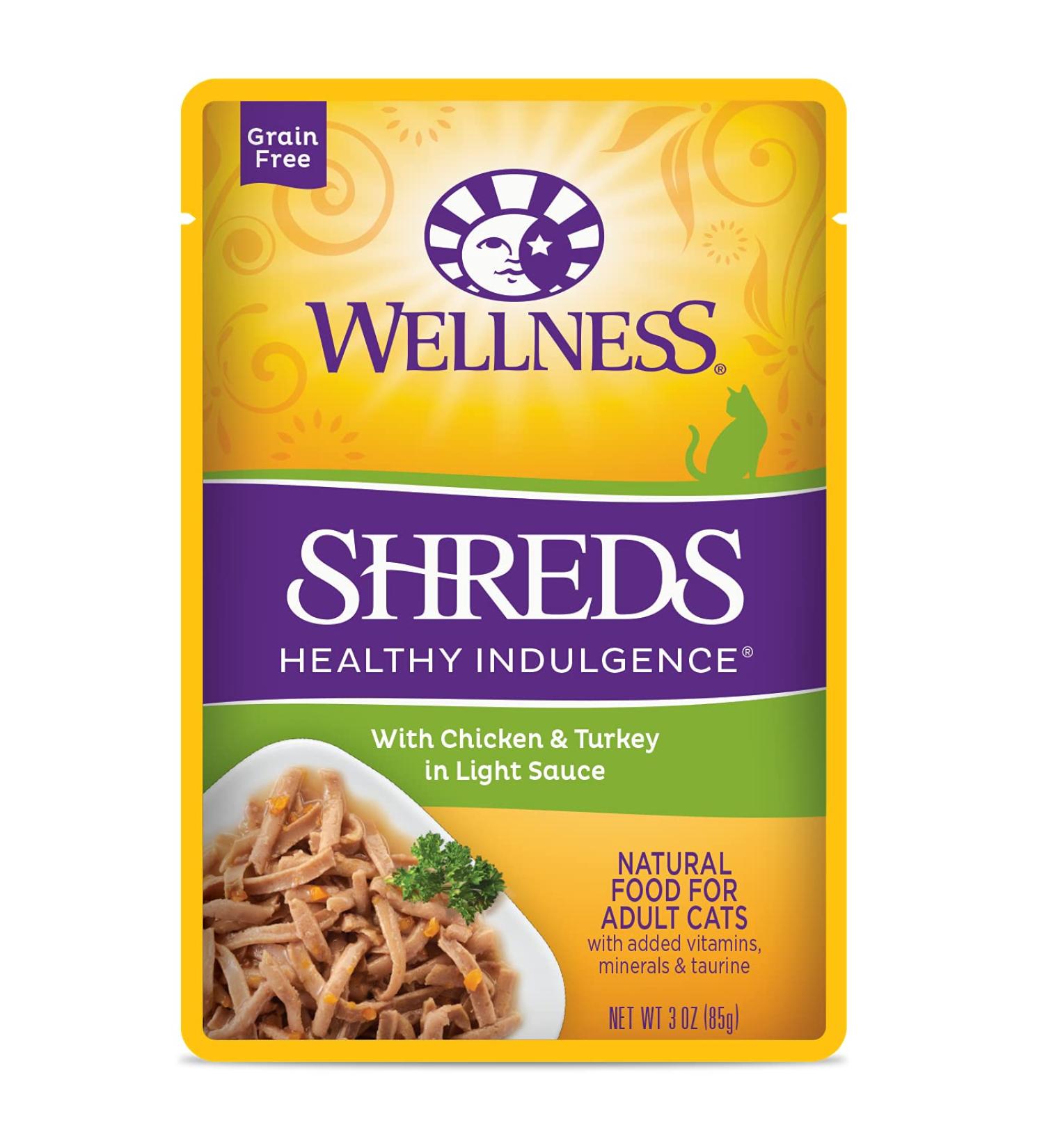 Wellness Grain-Free Wet Cat Food Pouches - Chicken & Turkey, Shredded Protein in Gravy, 24-Pack - Natural, Adult, 3 oz - Buy Online on GoSupps.com