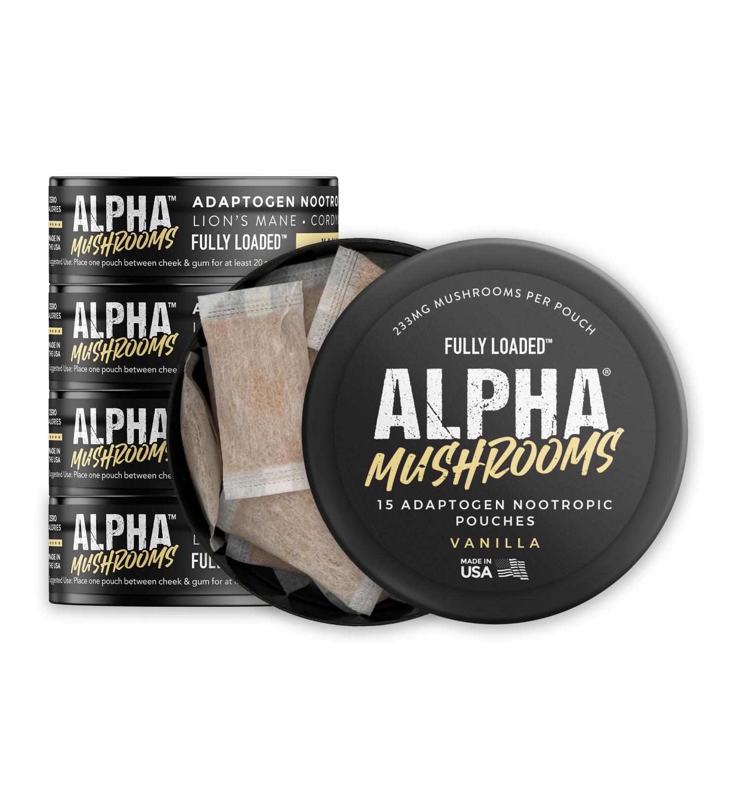 Fully Loaded Alpha Mushroom Pouches - Adaptogen Nootropic Pouches (5-Pack Vanilla) - Lion's Mane Cordyceps & Chaga - 5 cans 15 Pouches per can - Functional Mushrooms - Made in The USA Vanilla 0.42 Ounce (Pack of 5) - Buy Online on GoSupps.com