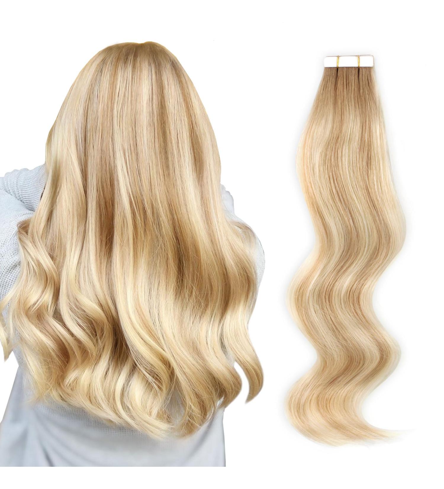 Luxury Tape-In Hair Extensions - 20 Pieces 50g Ash Brown & Platinum Blonde Highlights - Real Remy Human Hair - R8-12/60 55cm - Buy Online on GoSupps.com