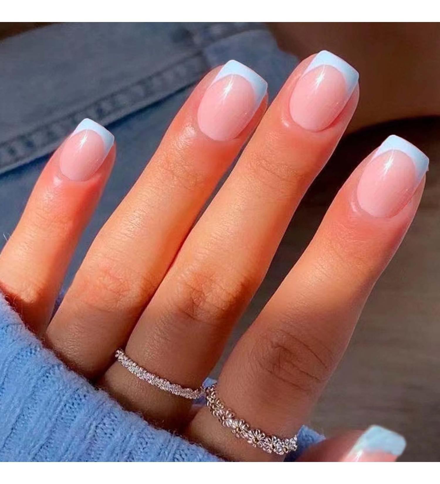 Medium Press on Nails | Full Cover Acrylic Stick on Nails for Women & Girls | French Blue | 1 Count - Buy Online on GoSupps.com