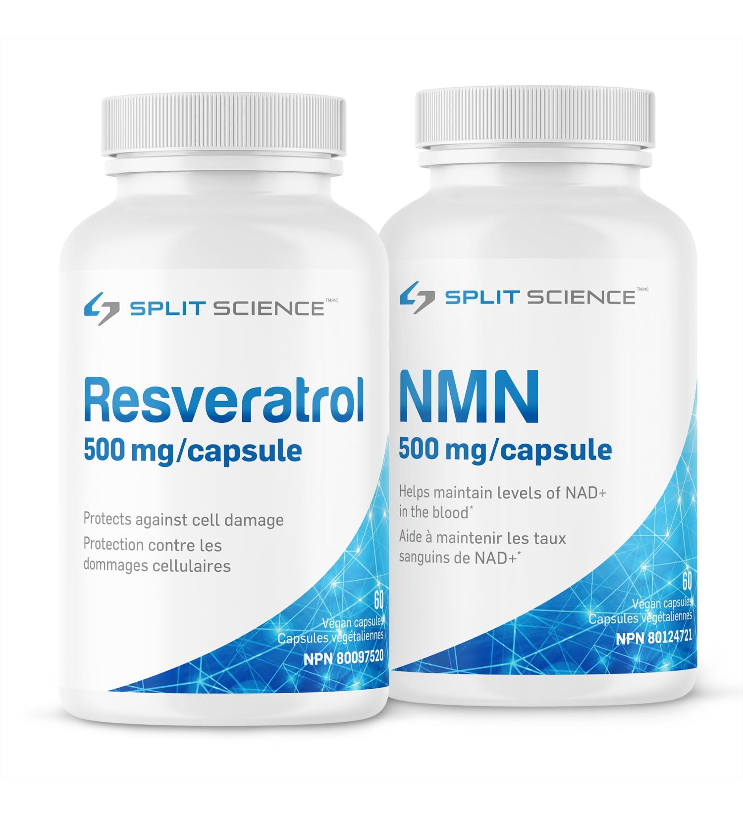 MAXIMUM EFFECTIVENESS Split Science Resveratrol + NMN Bundle | 500mg Resveratrol and 500mg NMN | Enhanced Longevity with improved Cellular Function Metabolism | 120 Easy-to-swallow Capsules | Vegan Non-GMO - Buy Online on GoSupps.com