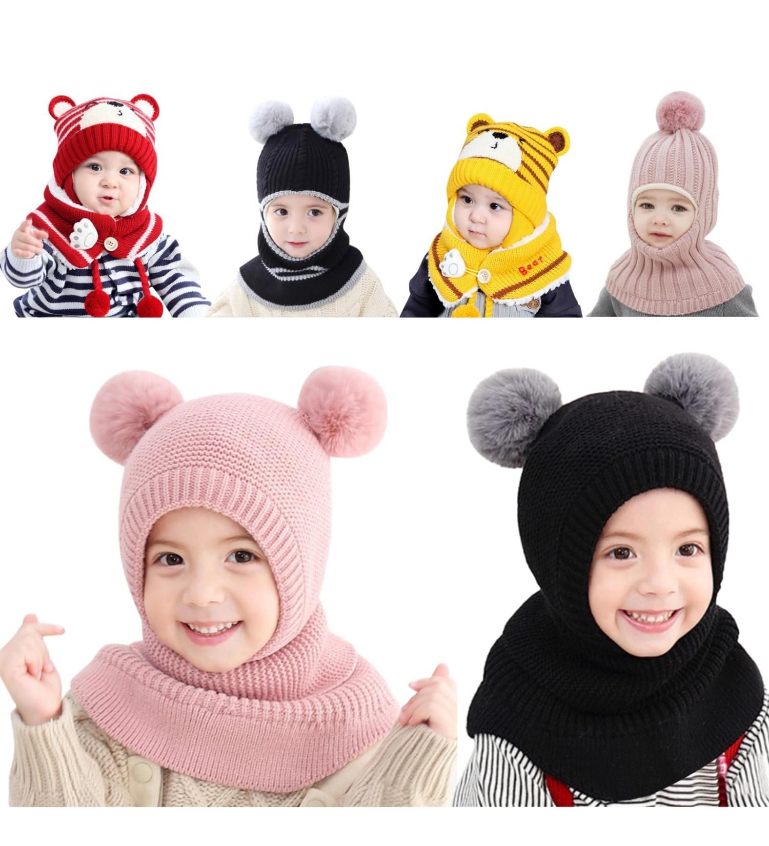 Winter Warm Baby Balaclava with Double Pom Pom Design - Cute Small Bear Beanie Hat for Girls and Boys - Buy Online on GoSupps.com