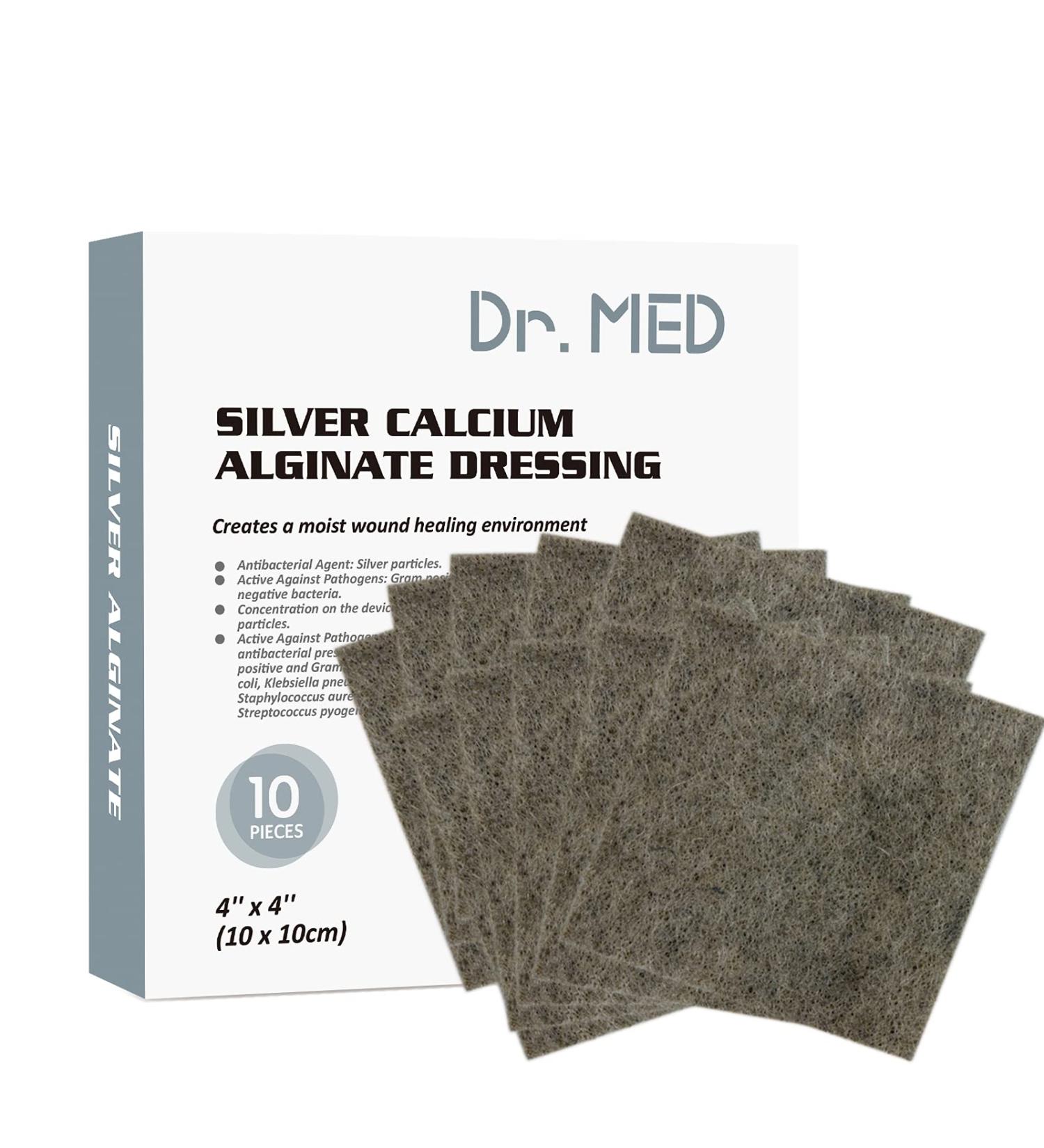 Dr. Med Silver Calcium Alginate Wound Dressing 4''x4'' Patches - High Absorbency Alginate Wound Bandage - Non-Adhesive Gauze - Painless Removal - 10 Individual Packs (10 PCS/Box) - Buy Online on GoSupps.com