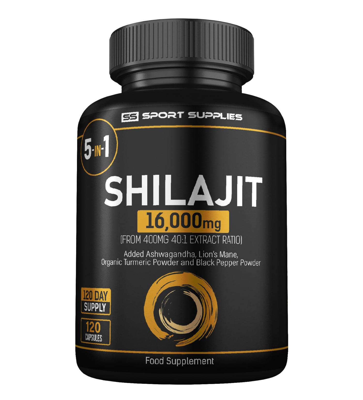 Shilajit Capsules 16 000mg - 60% Fulvic Acid (from 400mg 40:1 Extract Ratio) - Added Ashwagandha Turmeric Lions Mane and Black Pepper - High Strength Himilayan Shalajit Resin - 120 Capsules - Buy Online on GoSupps.com