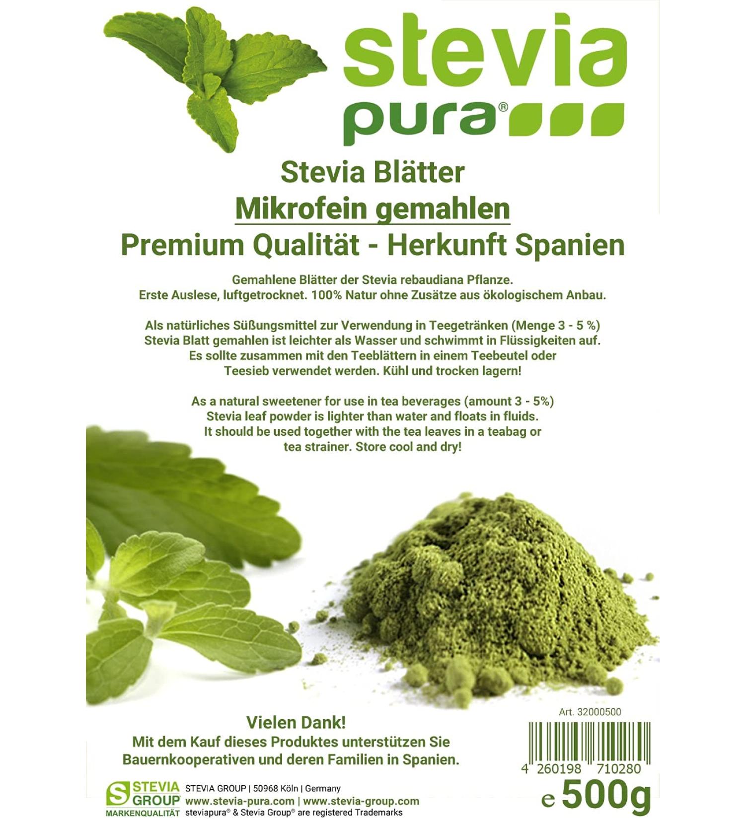 Steviapura Stevia Leaves 500g - Pure Natural Sweet Herb Microfine Ground Vegetable Sweetener - Premium Quality - Buy Online on GoSupps.com