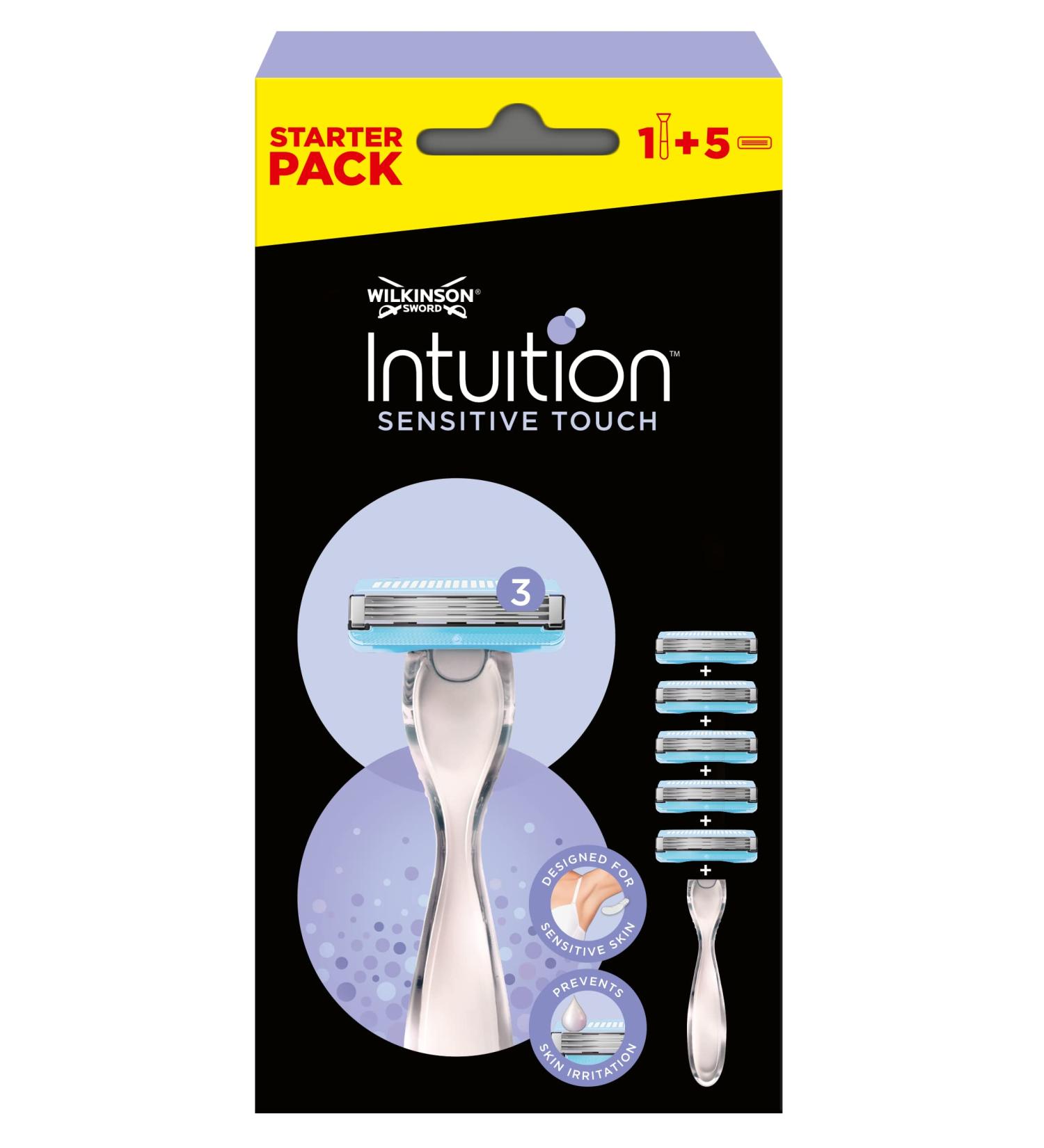 Wilkinson Sword Intuition Sensitive Touch Razor Pack of 1 Razor + 5 Charging Heads Trilamer Value Pack for Women