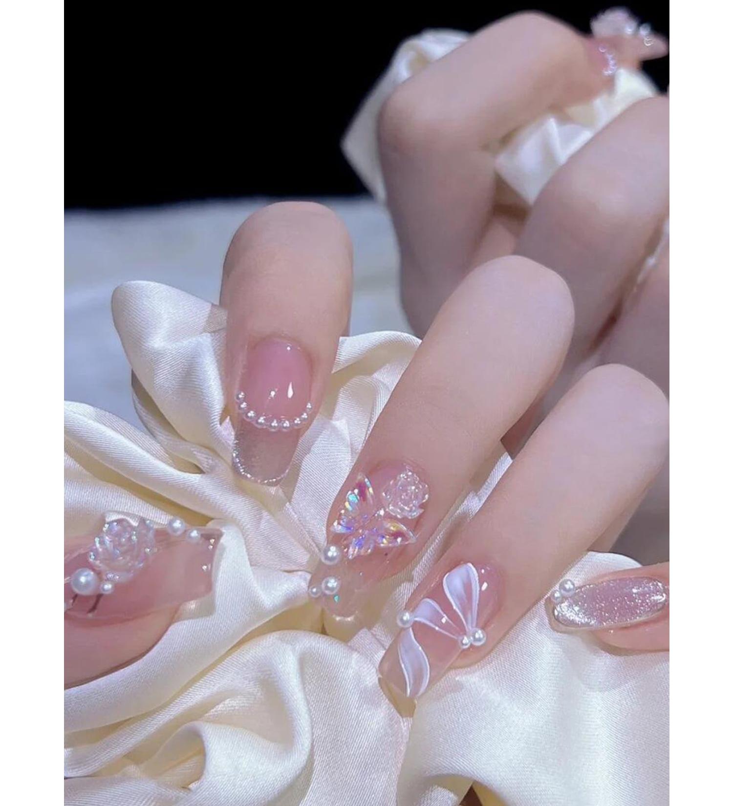 24pcs Butterfly Pearl Glitter Medium Long Coffin Fake Nail Pearl Glitter 3D Press on Nails Pearl Glitter Strip Nails Luxurious Nails Acrylic Nails Fake Nails For Women Girls