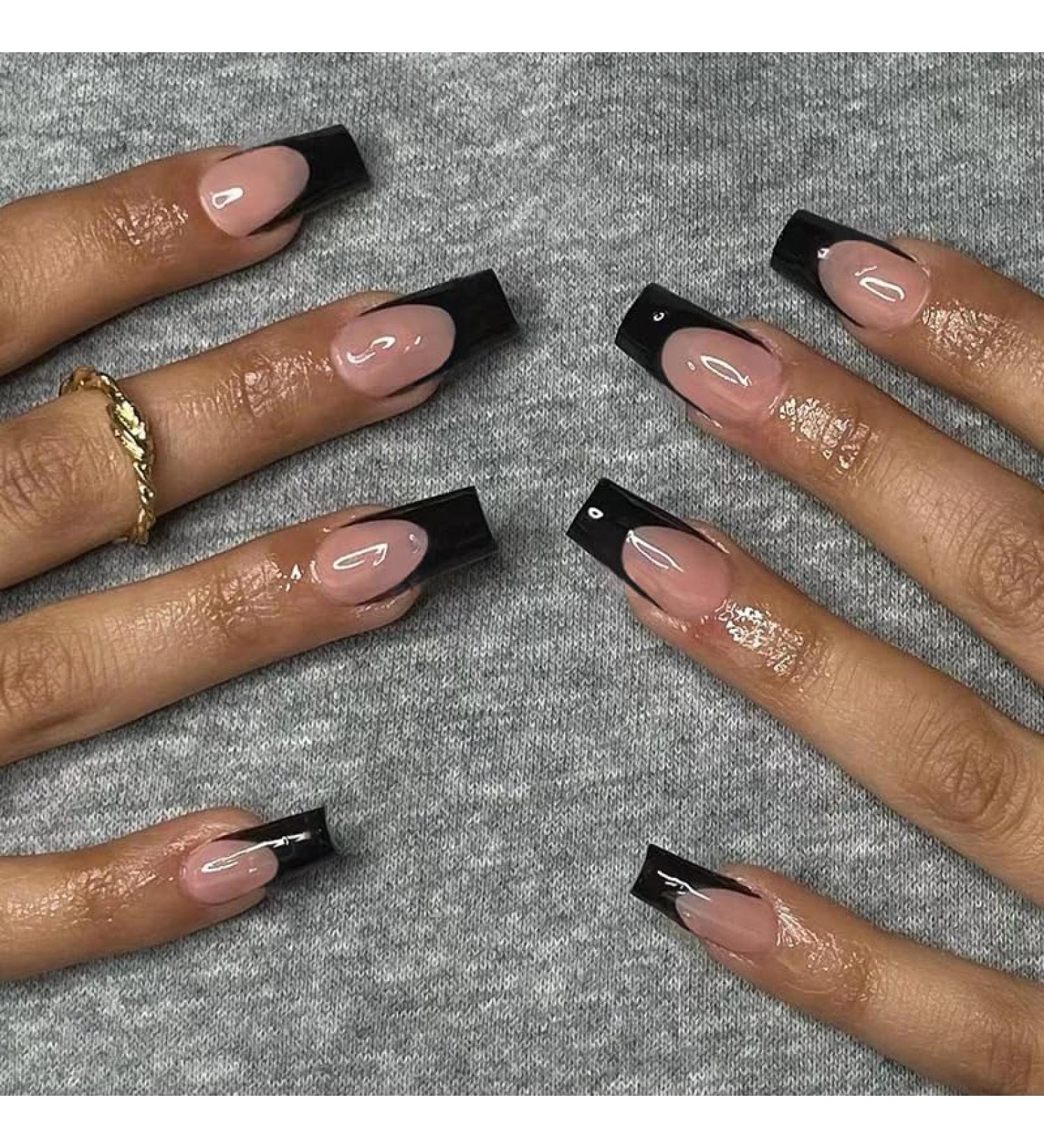 Mouyouglow Press On Nails - Short Ballerina Nude Skin Color with Black French Tips | Glossy Fake Nails | Includes Nail Glue | Perfect for Natural Look - Buy Online on GoSupps.com
