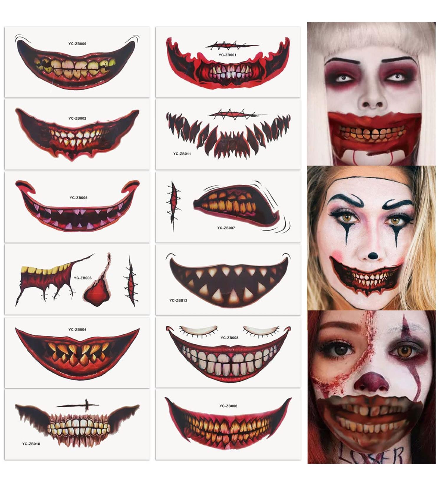 Halloween Prank Makeup Temporary Tattoo Kit - 12PCS Clown Horror Mouth Fake Stickers for Adults & Kids - Scary Face Decals for Halloween Cosplay - Buy Online on GoSupps.com
