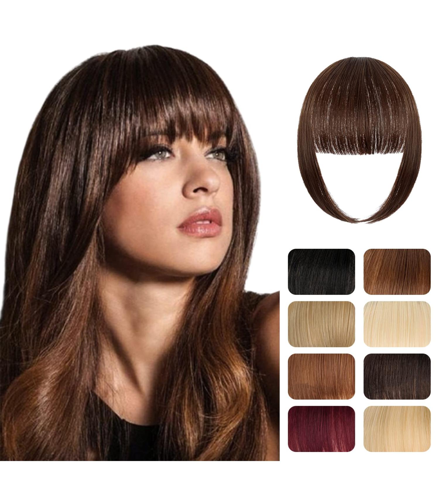 Clip in Wispy Bangs Hair Extensions - Natural Medium Brown Human Hairpieces for Women - Buy Online on GoSupps.com