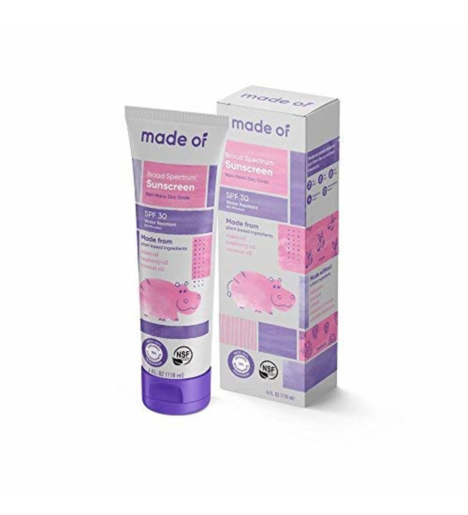 MADE OF Baby Sunscreen Organic SPF 30 - Zinc Oxide, EWG & NSF Organic Rated - Made in USA - 4oz, Fragrance Free - 1-Pack - Buy Online on GoSupps.com