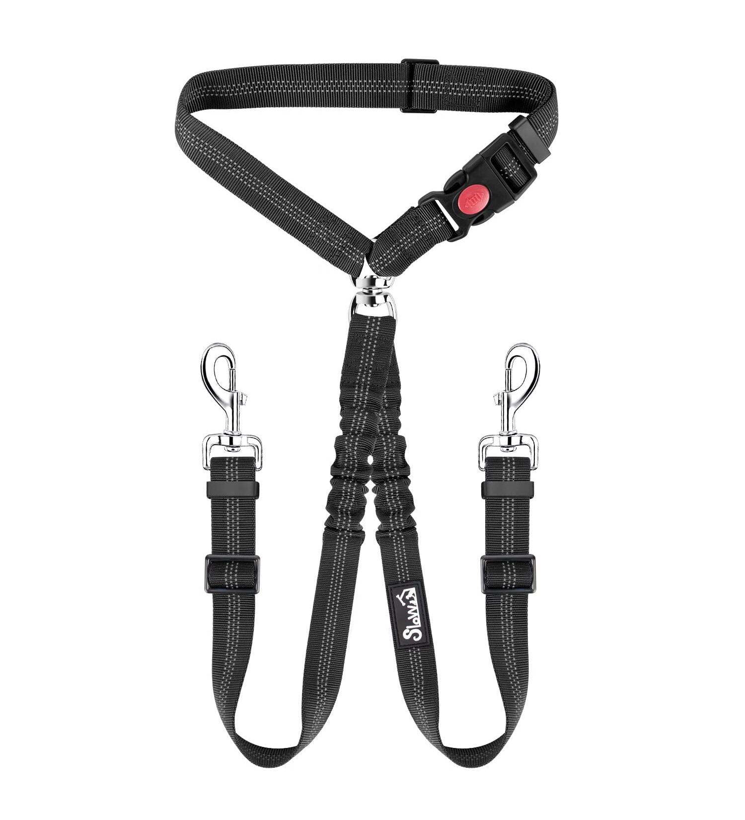 SlowTon Double Dog Seat Belt - Dual Pet Car Headrest Safety Restraint for 2 Medium/Large Dogs - No Tangle Leash Splitter - Adjustable Elastic Bungee - Black - Buy Online on GoSupps.com