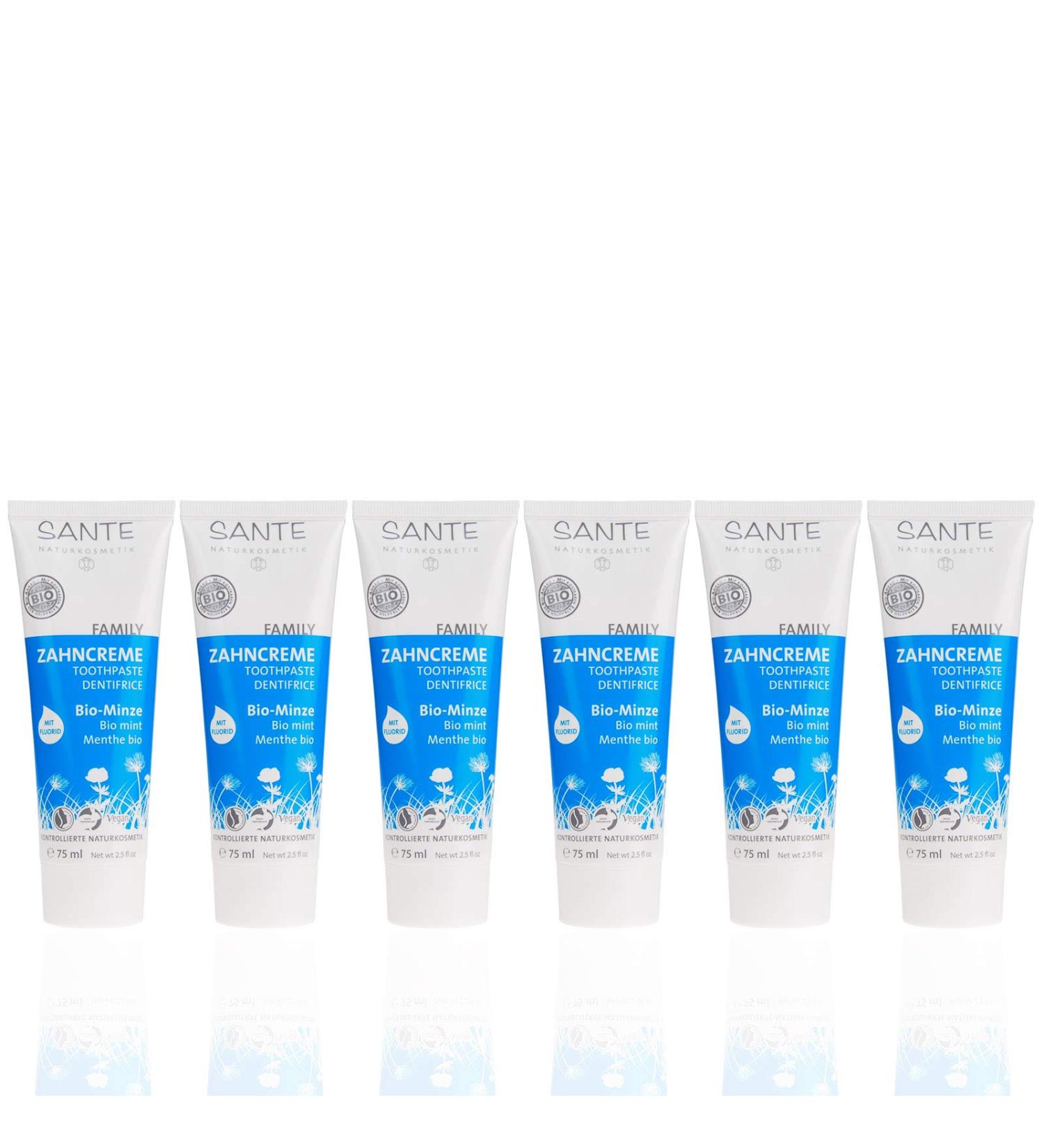 SANTE Family Toothpaste (6 X 75 Ml) Wonderful Organic Mint Pleasant Organic Sage Vegan Fluoride-Contains Natural Cosmetics