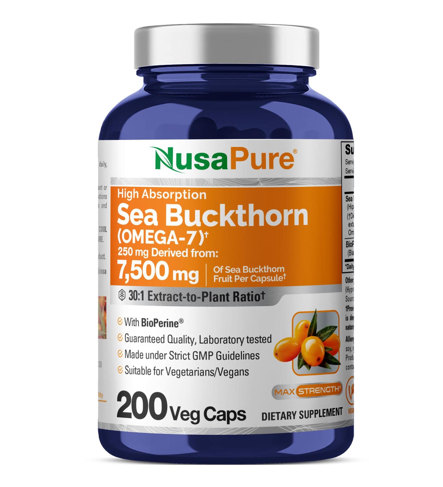 NusaPure Sea Buckthorn Omega-7 30:1 Extract 250 mg Equivalent to 7 500mg per Veggie Caps - 200 Capsules - Non-GMO & Vegan - Buy Online on GoSupps.com
