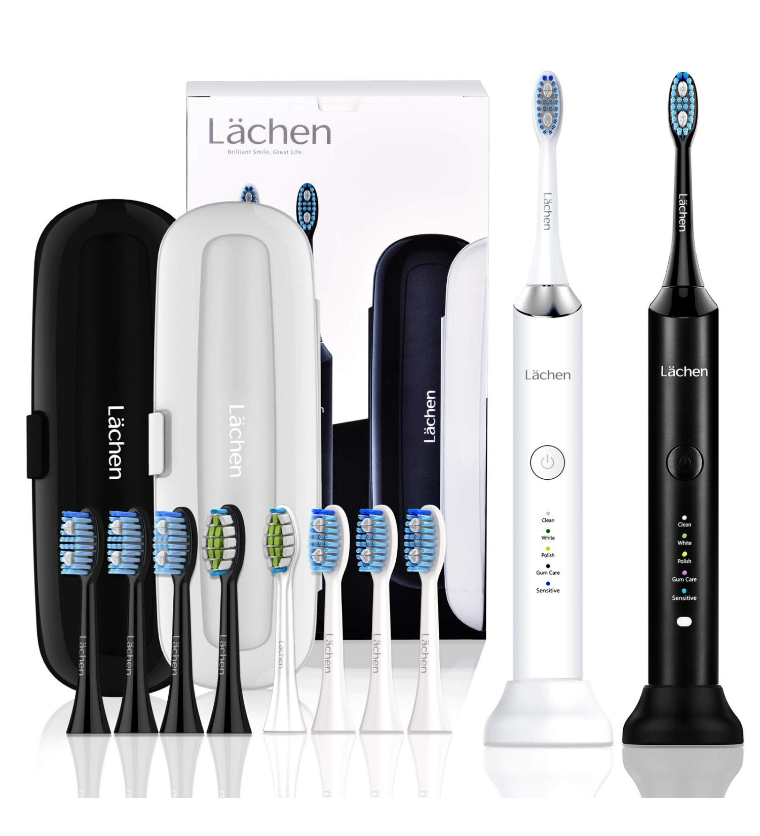 Areas Electric Toothbrush Double Pack - 2 Handpieces 2 Travel Cases 5 Modes & 10 Replacement Heads (White & Black) - International Shipping Available - Buy Online on GoSupps.com