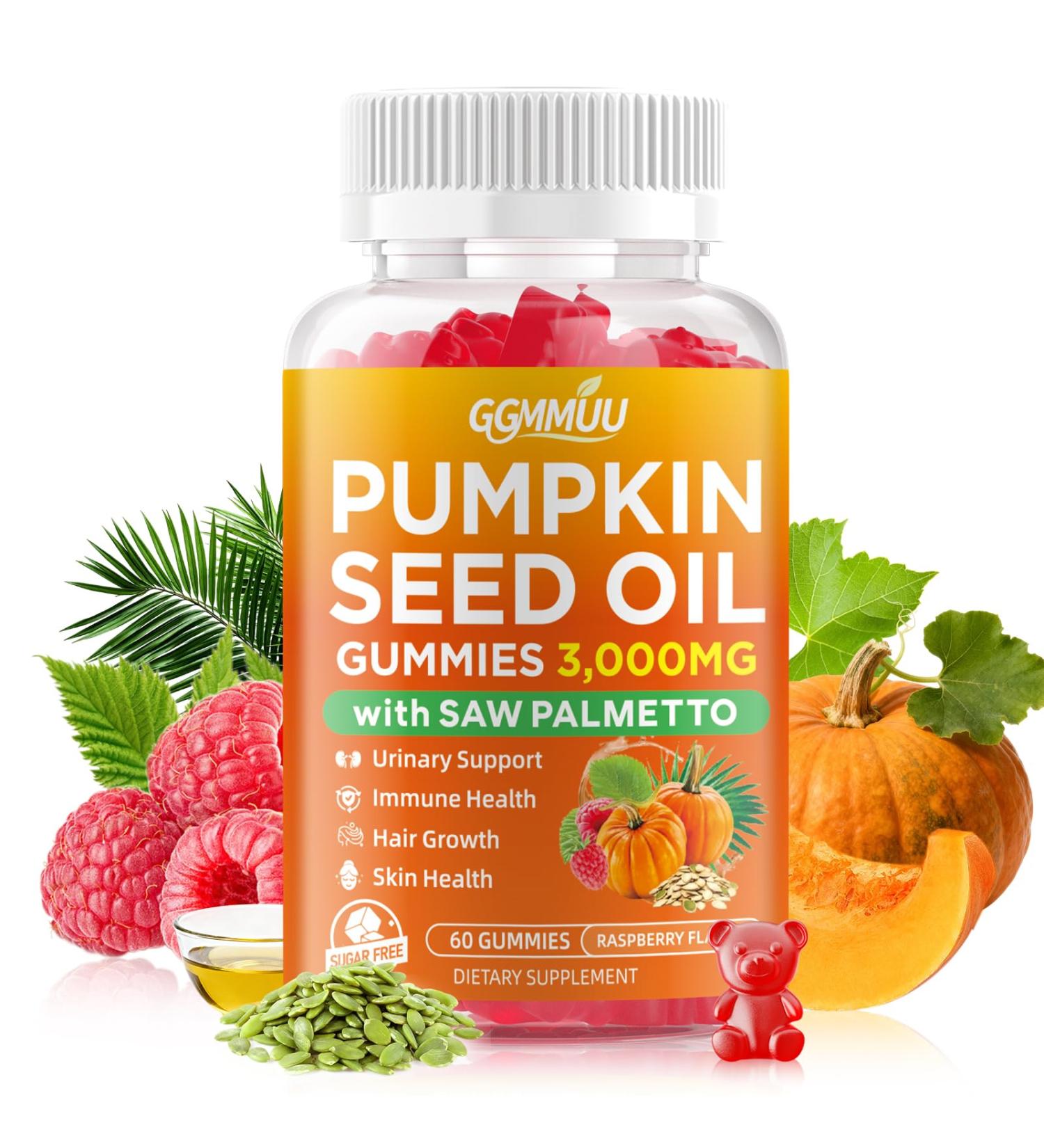 GGMMUU Pumpkin Seed Oil Gummies with Saw Palmetto, 3000mg Per Serving Pumpkin Seed Oil Supplement for Hair Growth, Skin Health, High Pure Extract for Women & Men, Vegan, Raspberry Flavor, 60 Count - Buy Online on GoSupps.com