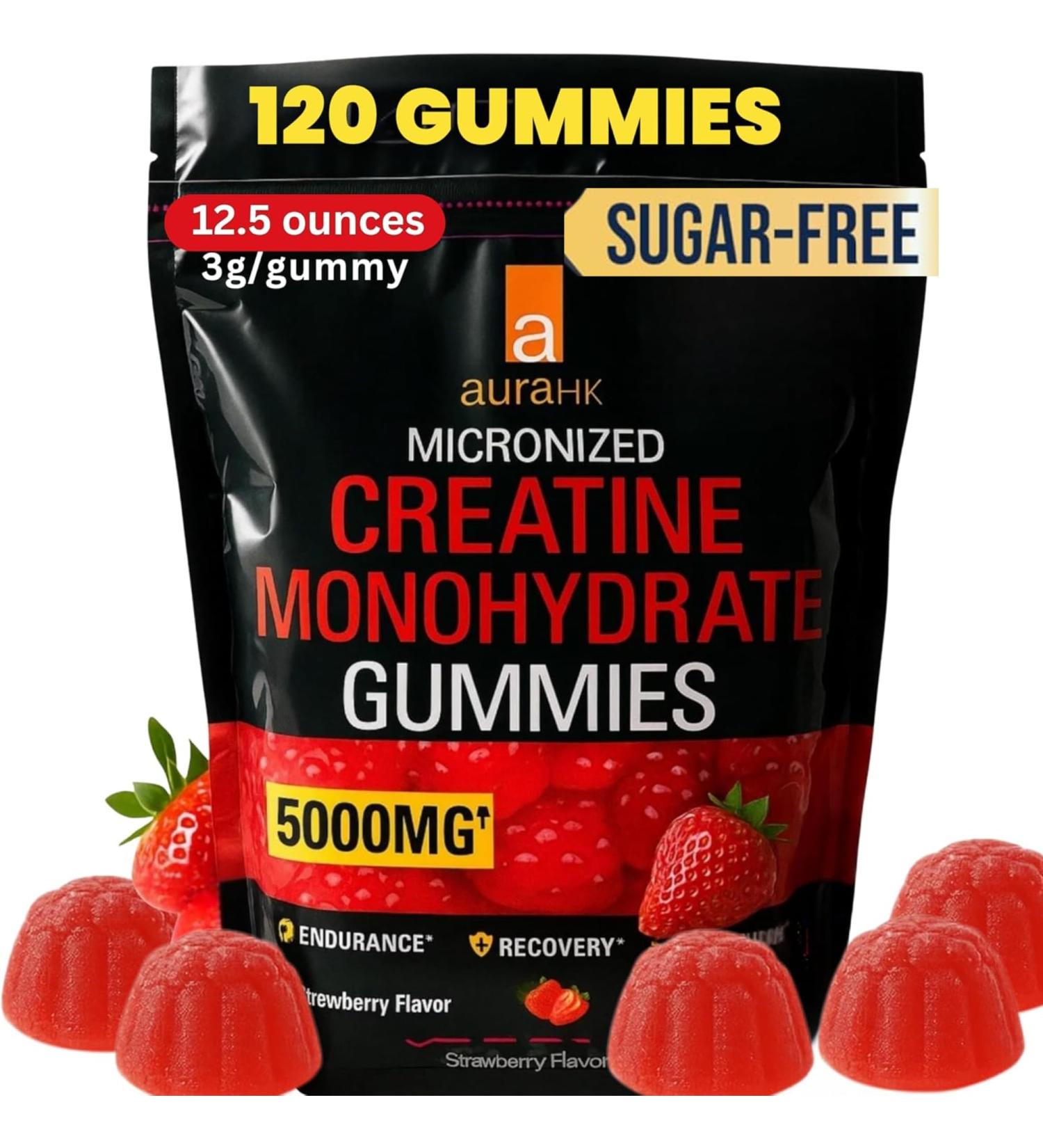 Creatine Monohydrate Gummies 5000mg- 120 Count Sugar Free for Men & Women - Strawberry Flavor Vegan Creatine Supplement for Muscle Strength, Energy, Endurance & Workout Gummies Strawberry 1 Count (Pack of 120) - Buy Online on GoSupps.com
