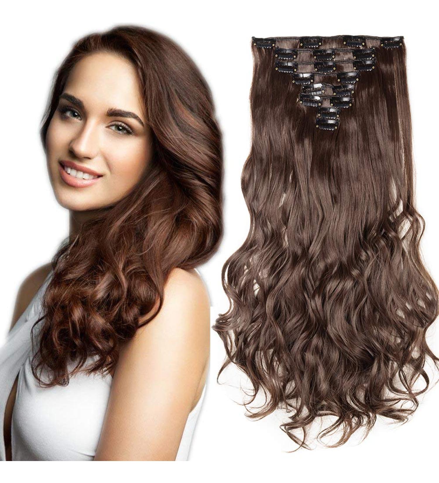 SEGO Clip-in Hair Extensions - Wavy Medium Brown 43cm - 8 Wefts Realistic Hairpiece - Buy Online on GoSupps.com