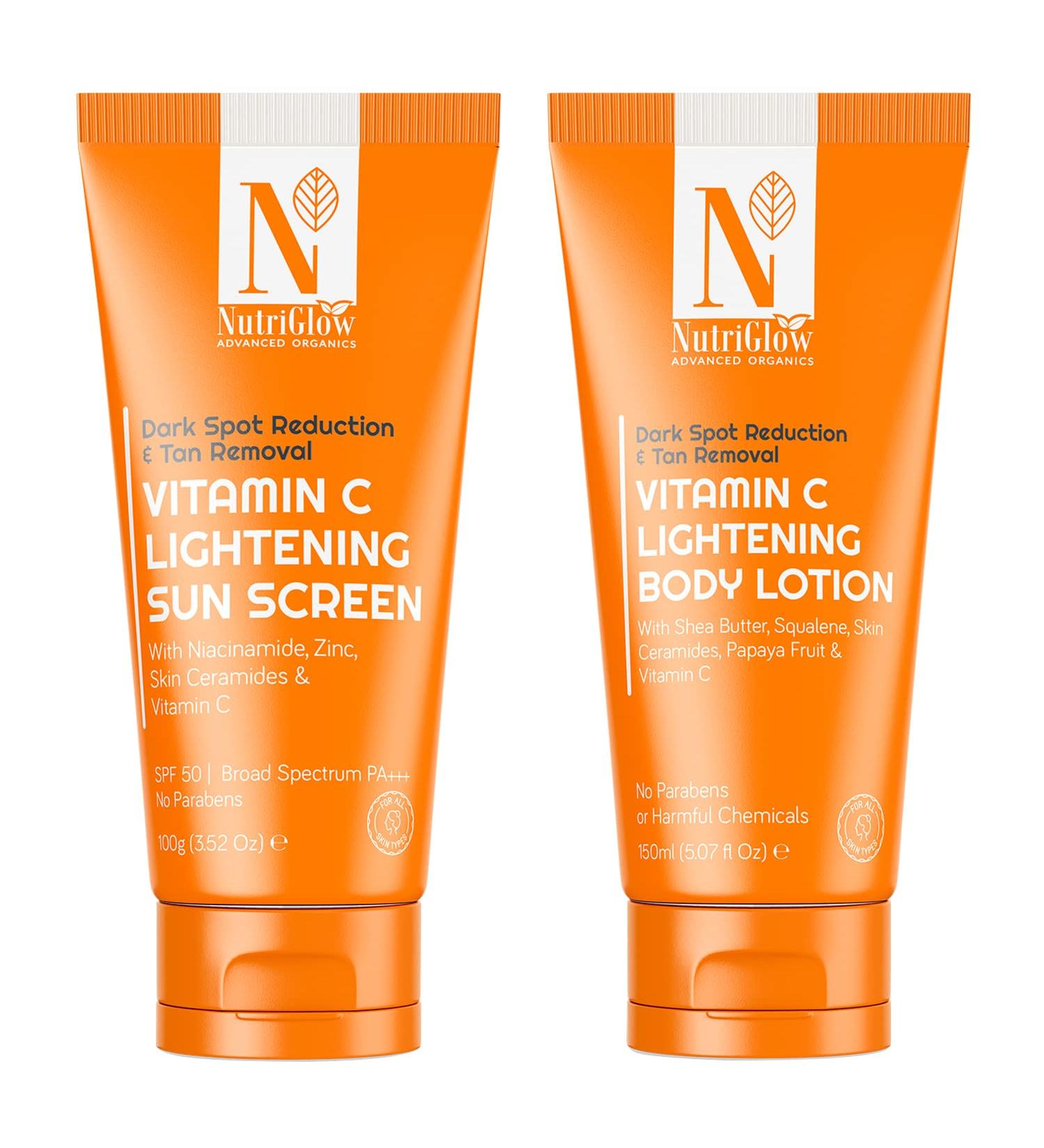 Nutriglow Advanced Organics Vitamin C Sunscreen SPF 50 (100Gm) & Body Lotion (150Ml) Daily Use for All Skin Type - Combo Pack of 2 - Buy Online on GoSupps.com