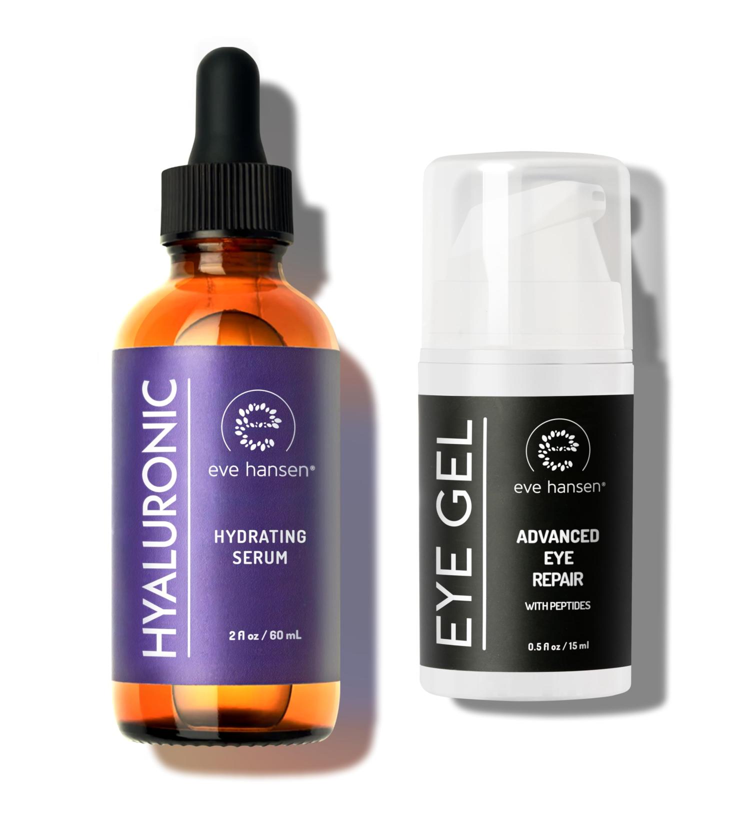 Eve Hansen Anti-Aging Bundle - Eye Gel with Peptides & Hyaluronic Acid Serum for Face - Hydrating Under-Eye Cream with Plant Stem Cells Vitamin E and Moisturizer with Vitamin C + E - Buy Online on GoSupps.com