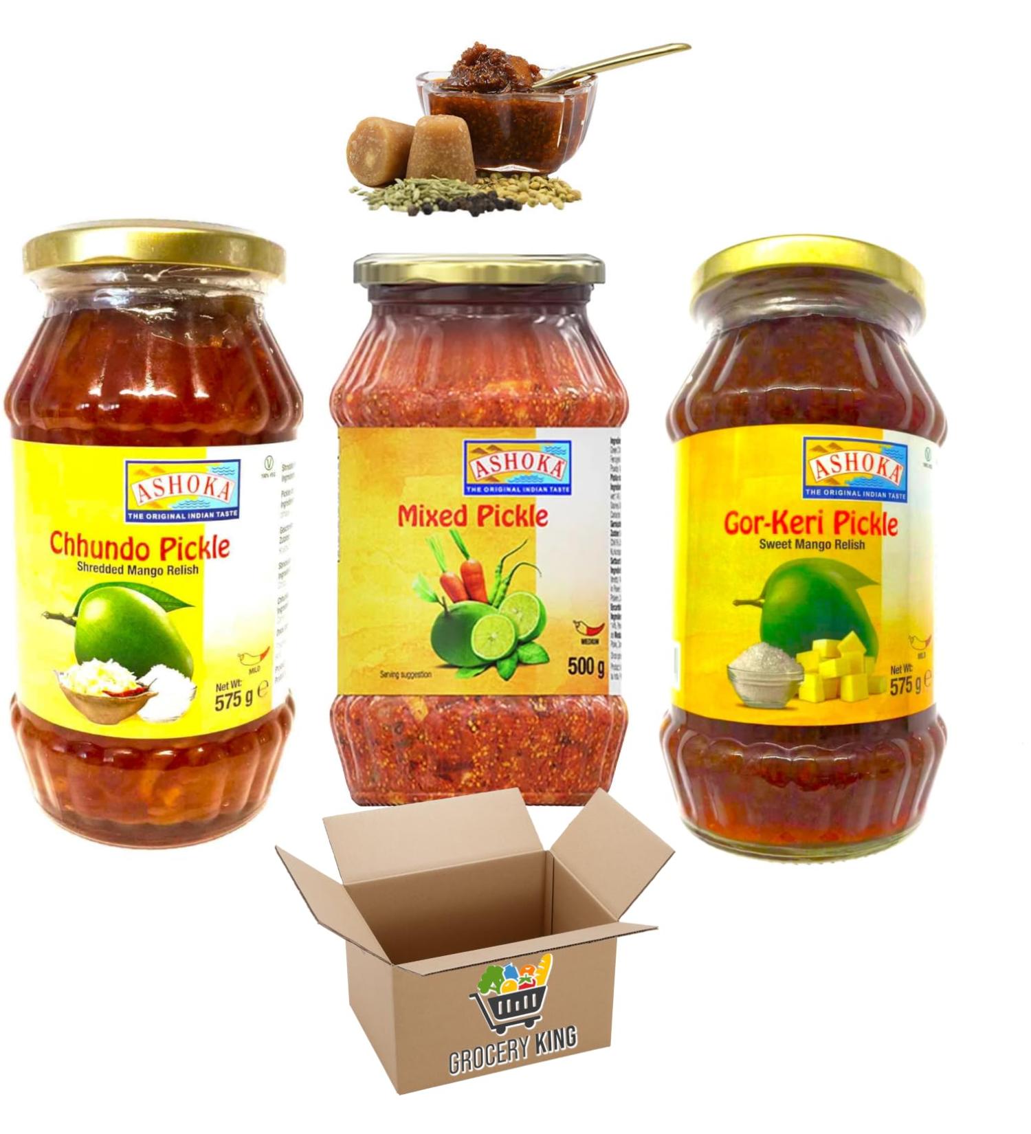 Assorted Pickle Variety Bundle: Ashoka Mixed Pickle 500g + Gor Keri Pickle 500g + Chhundo Pickle 500g (1.5Kg) - Buy Online on GoSupps.com