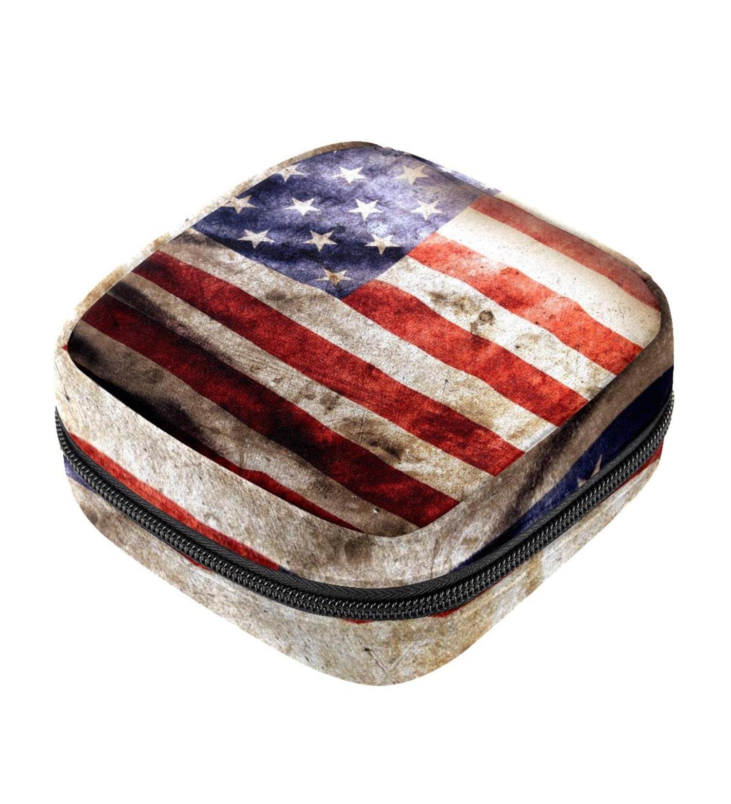 Retro American Flag Menstruation Pad Bag with Zipper | Women's Napkin & Tampon Collection Bags - Buy Online on GoSupps.com